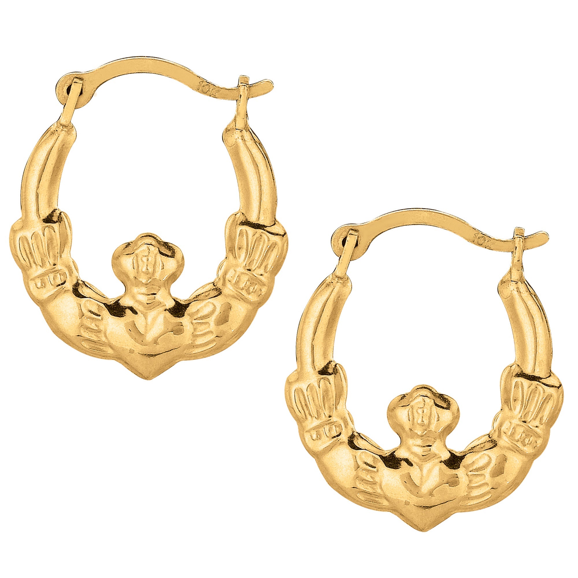 10k Yellow Gold Shiny Claddagh Design Hoop Earrings, Diameter 15mm - JewelryAffairs
