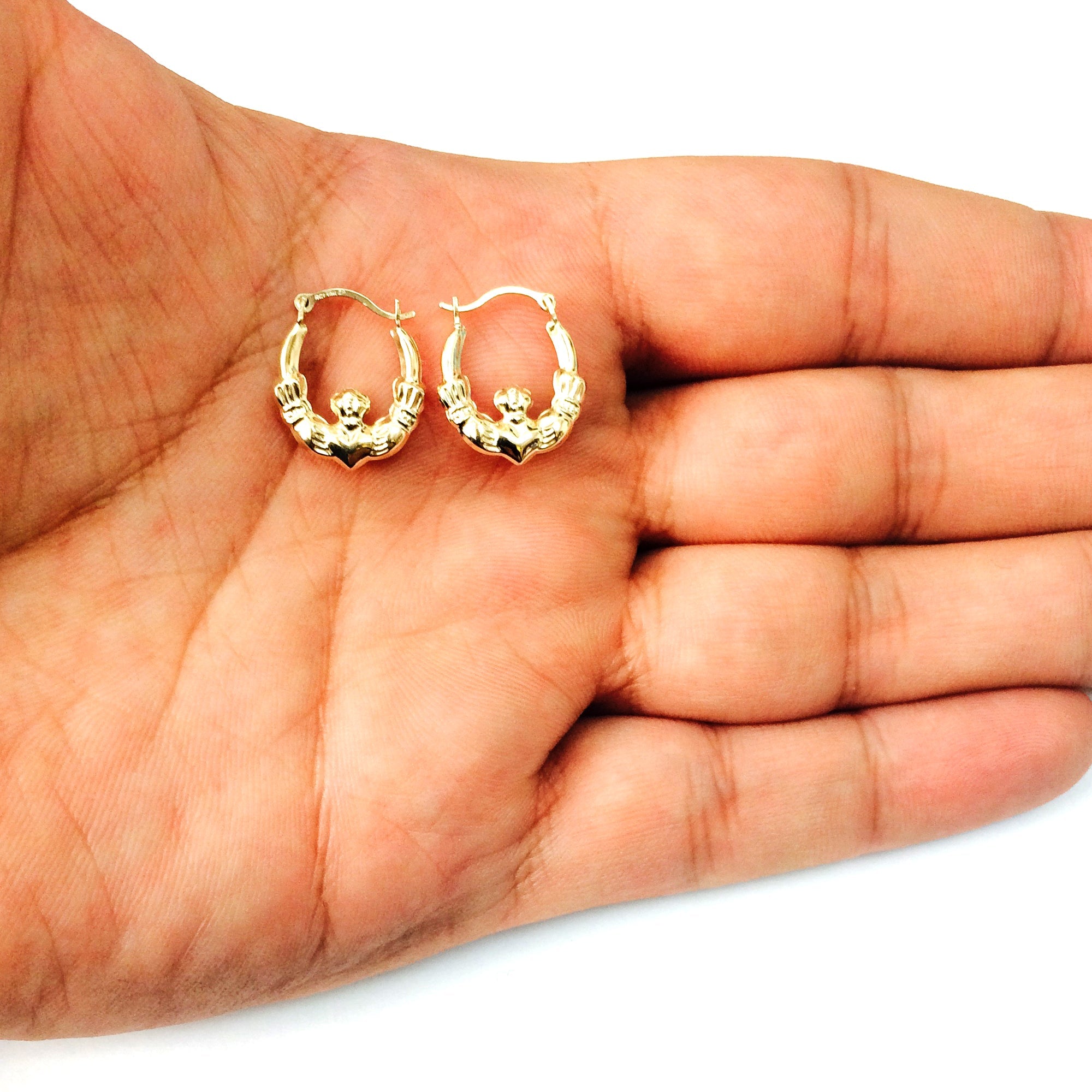 10k Yellow Gold Shiny Claddagh Design Hoop Earrings, Diameter 15mm - JewelryAffairs