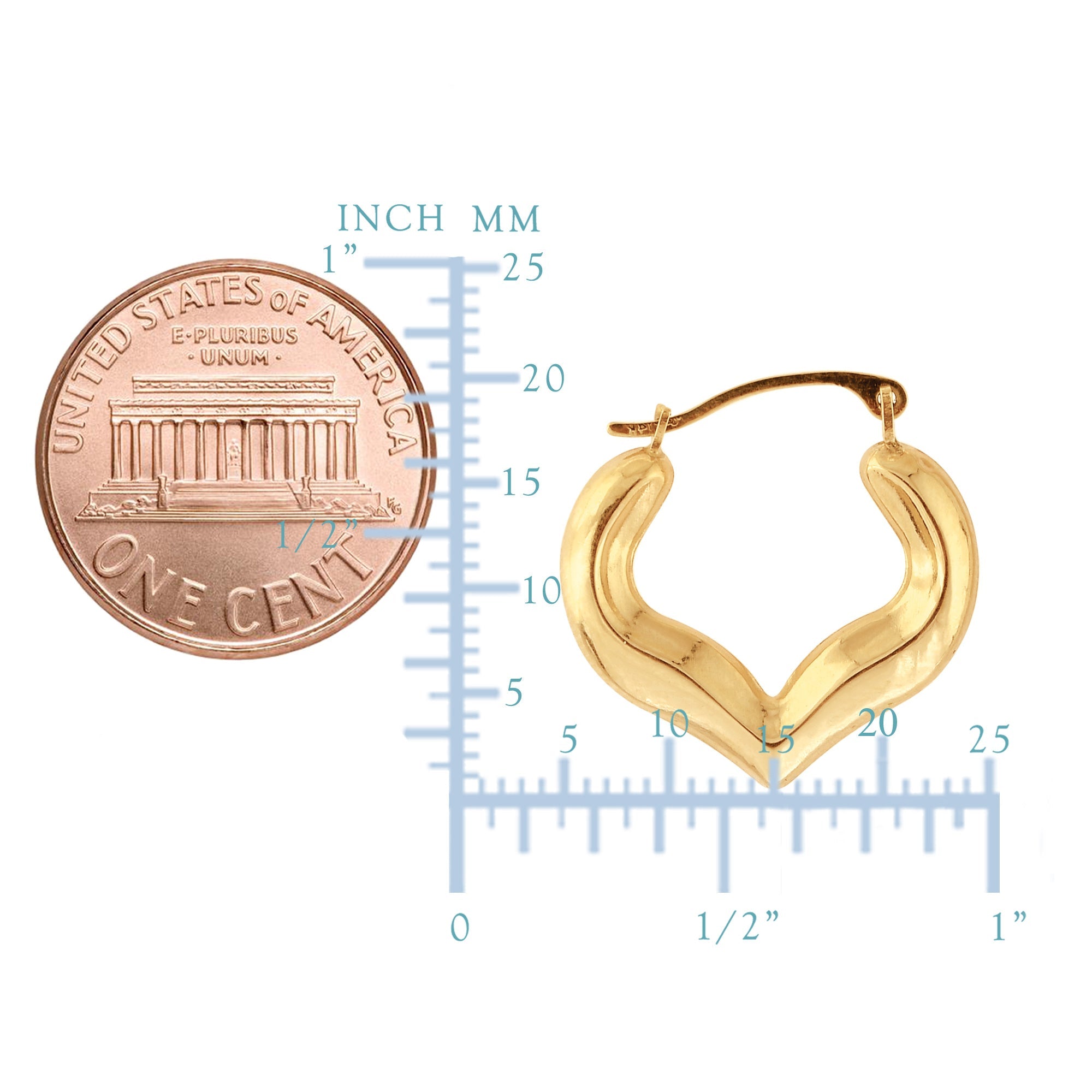 10k Yellow Gold Shiny Heart Shape Fancy Hoop Earrings, Diameter 18mm