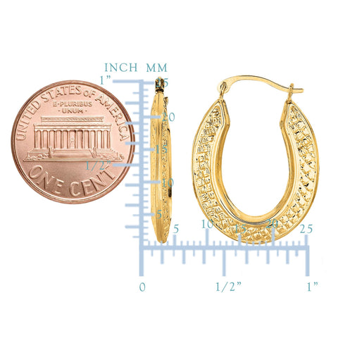 10k Yellow Gold Weave Texture Design Oval Shape Hoop Earrings