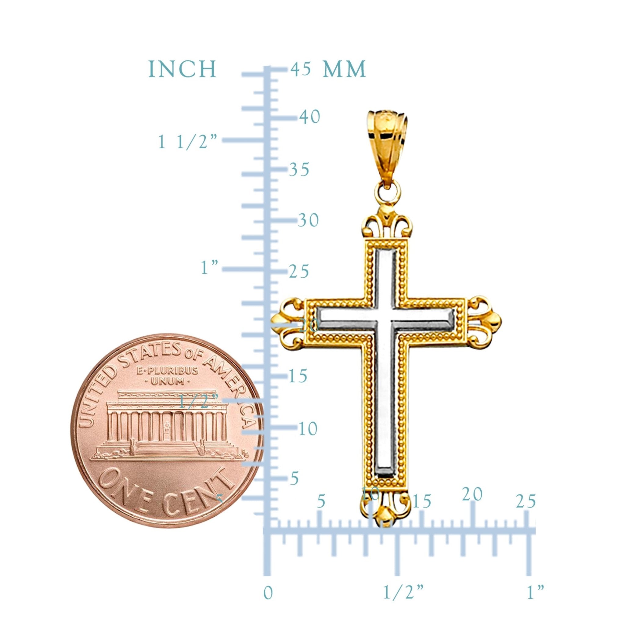 14k 2 Tone Gold Diamond Cut And Milgrain Finish Cross Pendant - JewelryAffairs