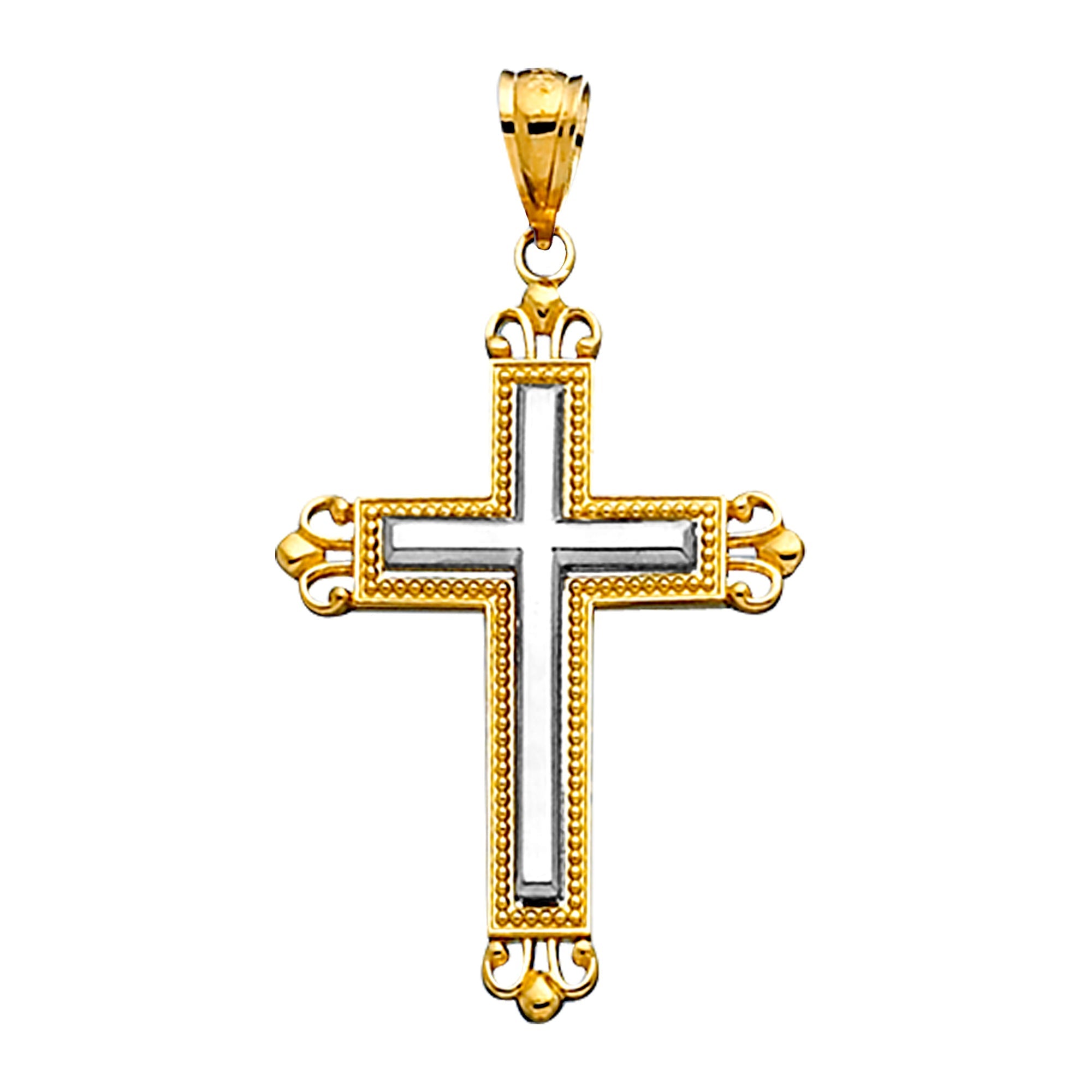 14k 2 Tone Gold Diamond Cut And Milgrain Finish Cross Pendant - JewelryAffairs