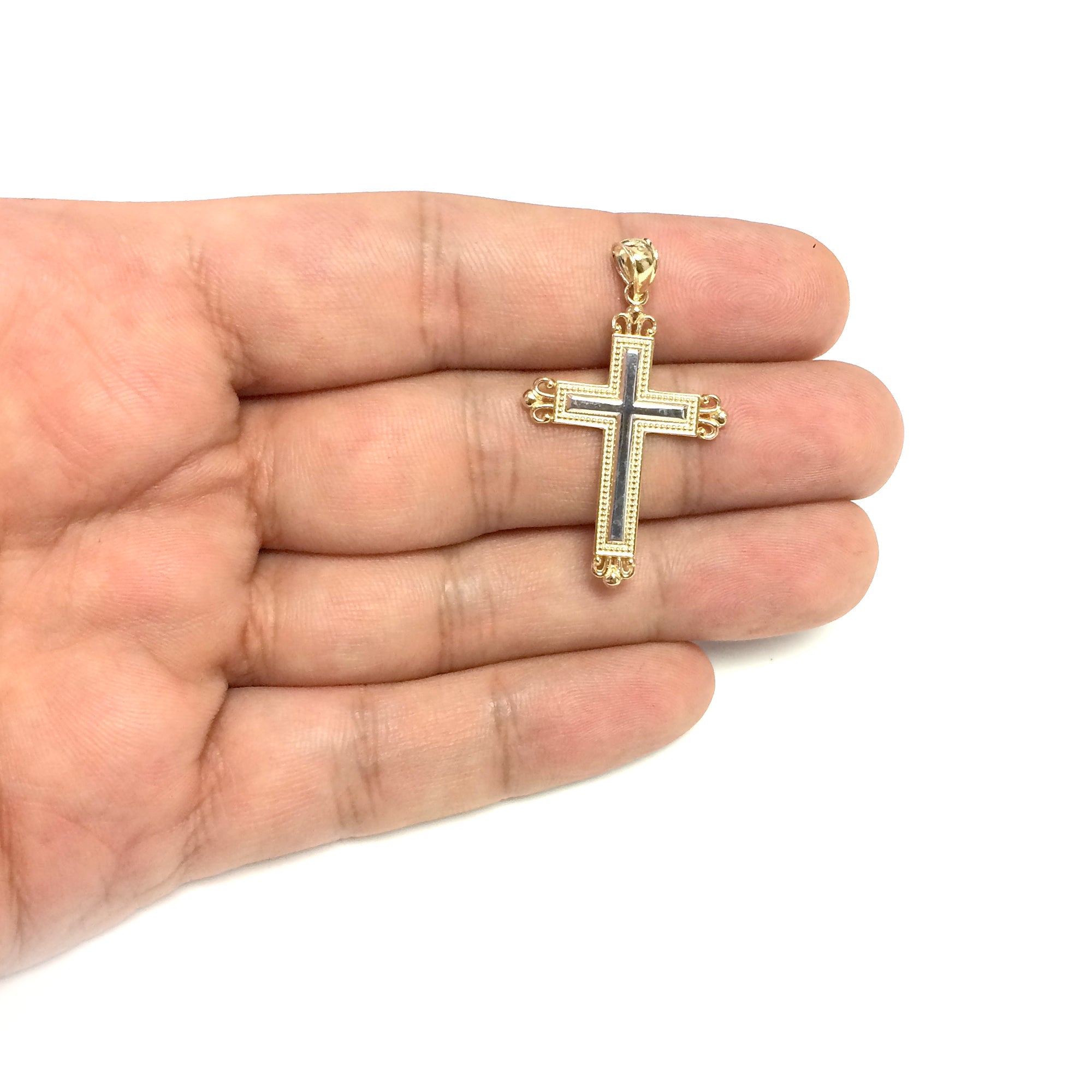 14k 2 Tone Gold Diamond Cut And Milgrain Finish Cross Pendant - JewelryAffairs