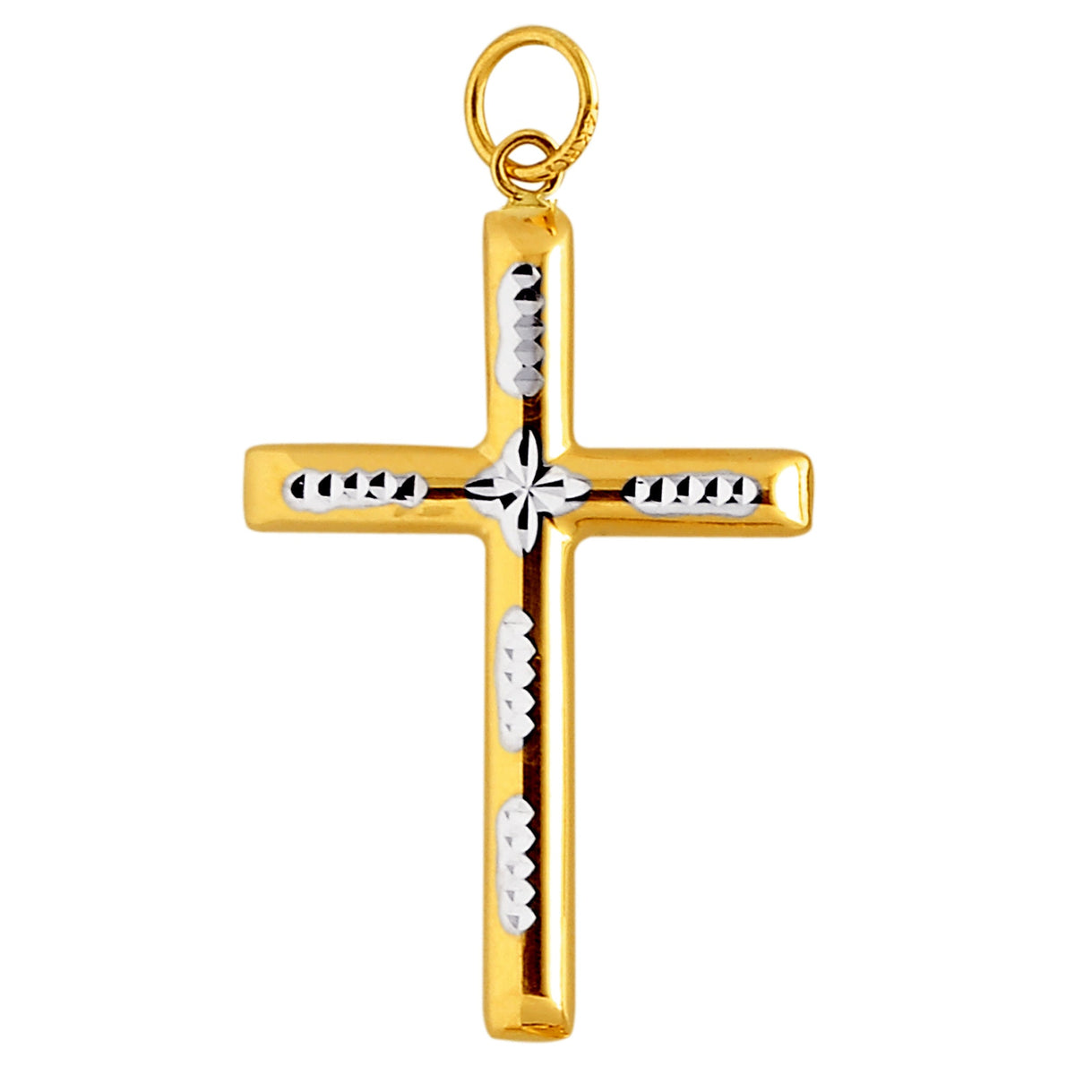 14k 2 Tone Gold Diamond Cut Round Tube Cross Pendant - JewelryAffairs