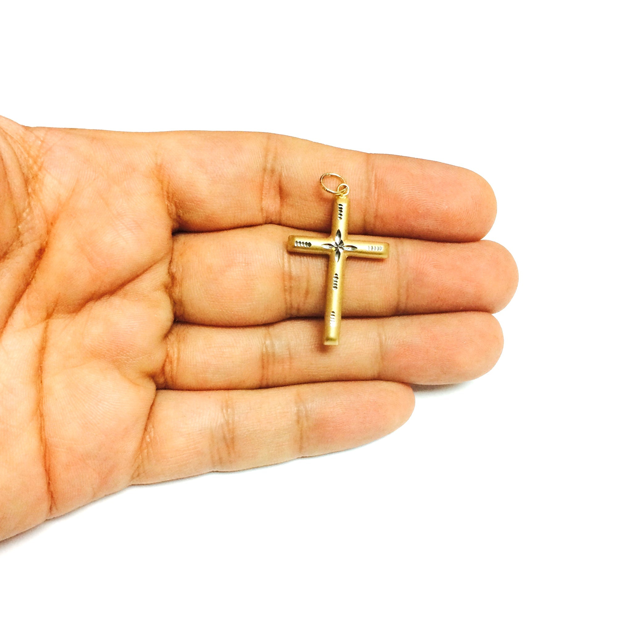 14k 2 Tone Gold Diamond Cut Round Tube Cross Pendant - JewelryAffairs