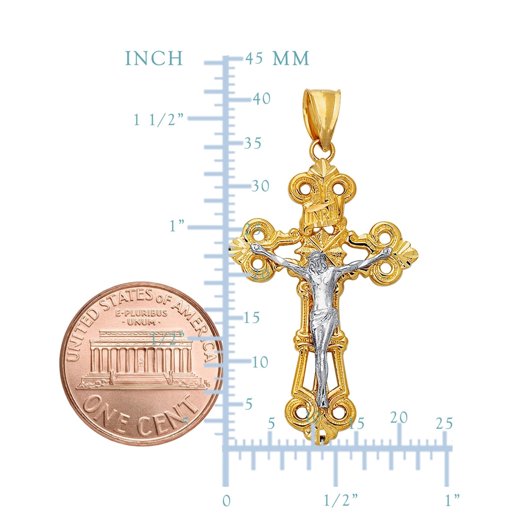 14k 2 Tone Gold Flat Textured Finish Crucifix Pendant - JewelryAffairs