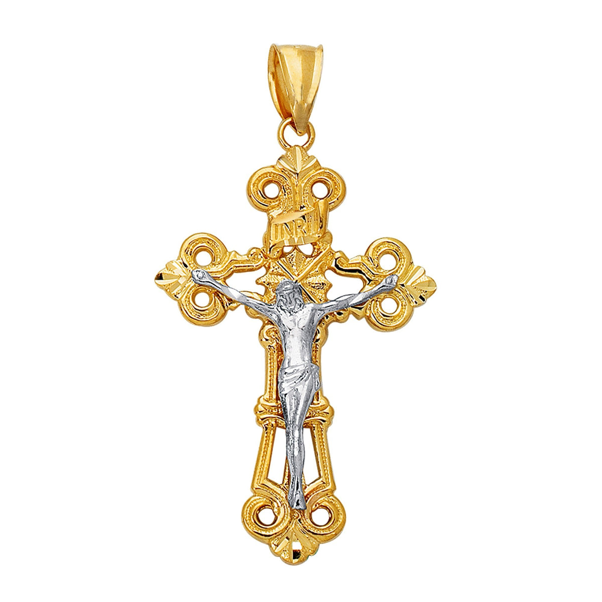 14k 2 Tone Gold Flat Textured Finish Crucifix Pendant - JewelryAffairs