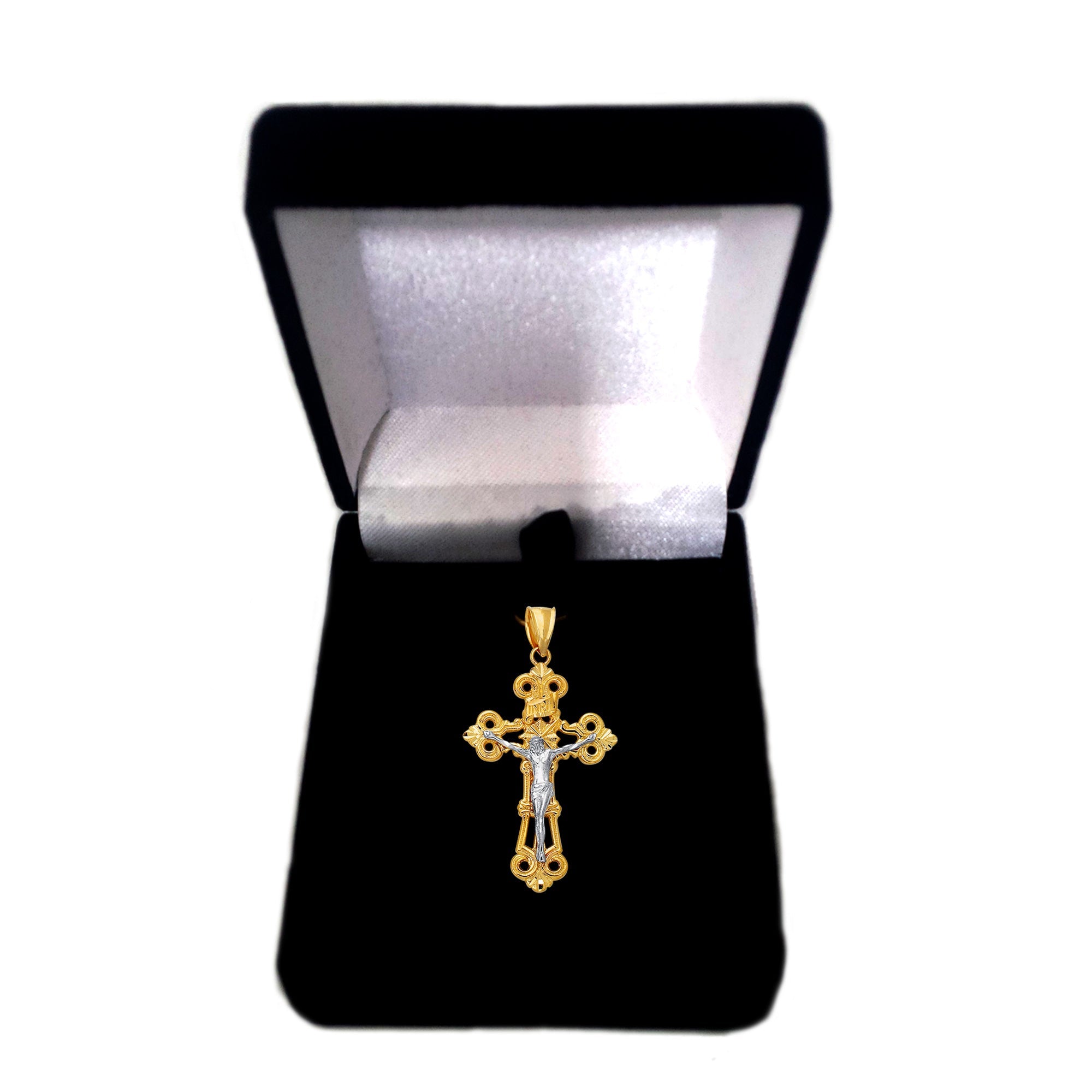 14k 2 Tone Gold Flat Textured Finish Crucifix Pendant - JewelryAffairs