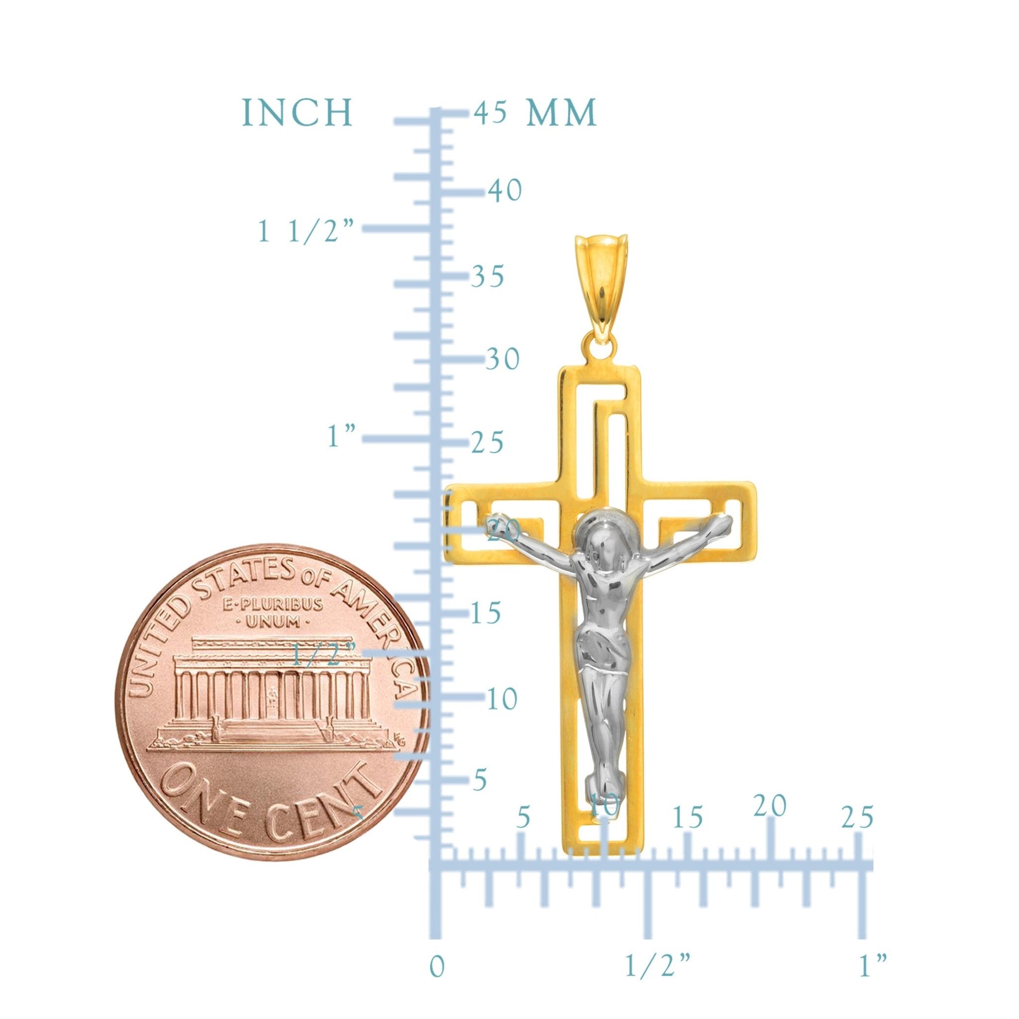 14k 2 Tone Gold Greek Key Style Crucifix Pendant - JewelryAffairs