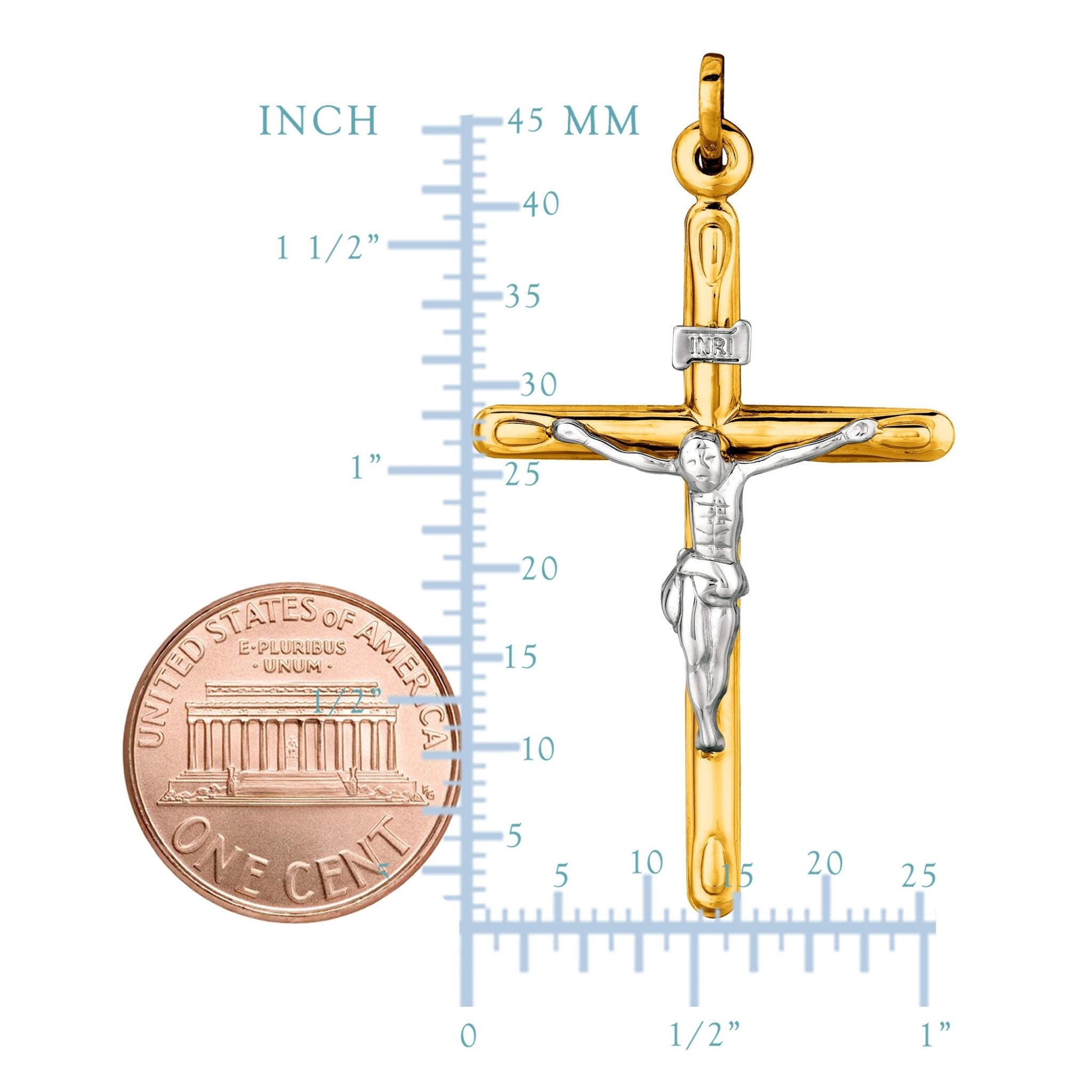 14k 2 Tone Gold Round Tube Crucifix Pendant - JewelryAffairs