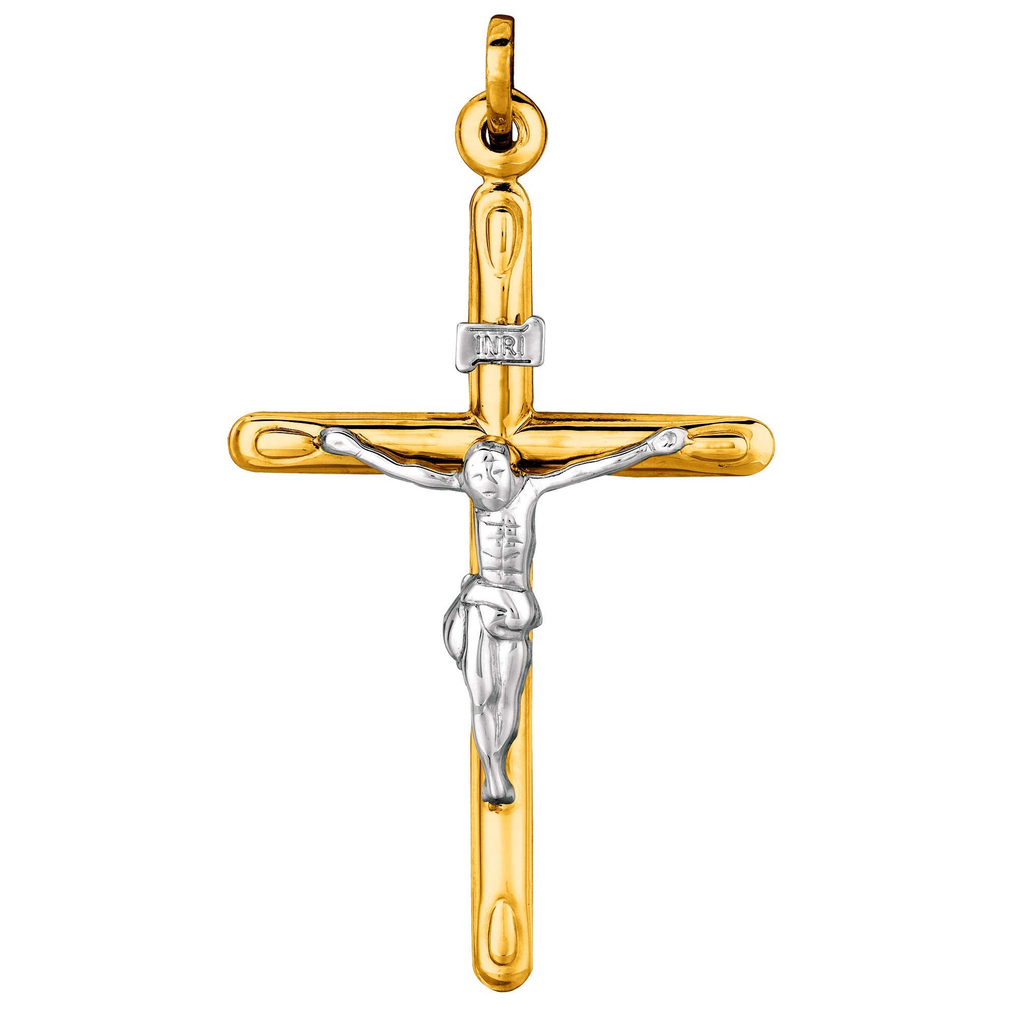 14k 2 Tone Gold Round Tube Crucifix Pendant - JewelryAffairs