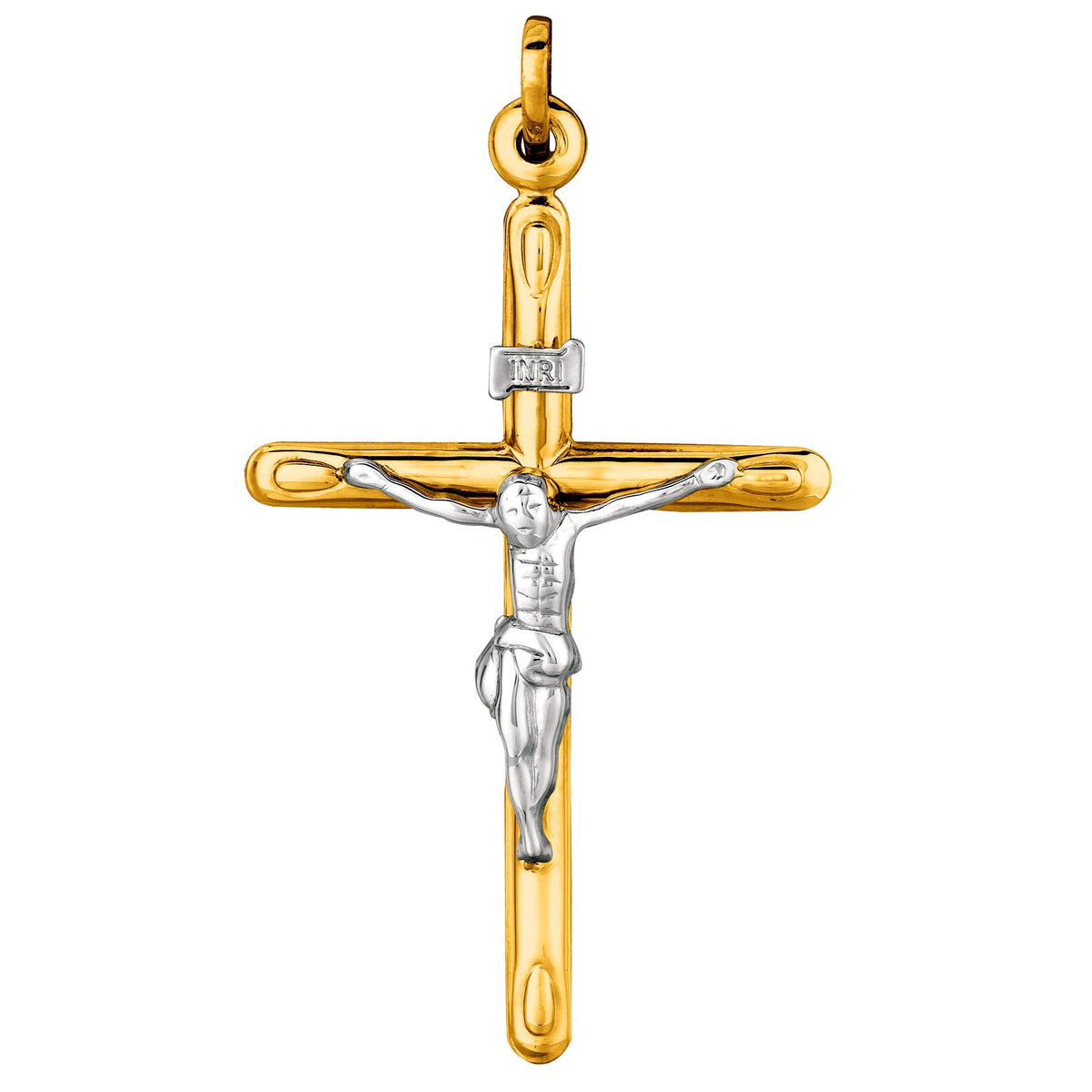 14k 2 Tone Gold Round Tube Crucifix Pendant - JewelryAffairs