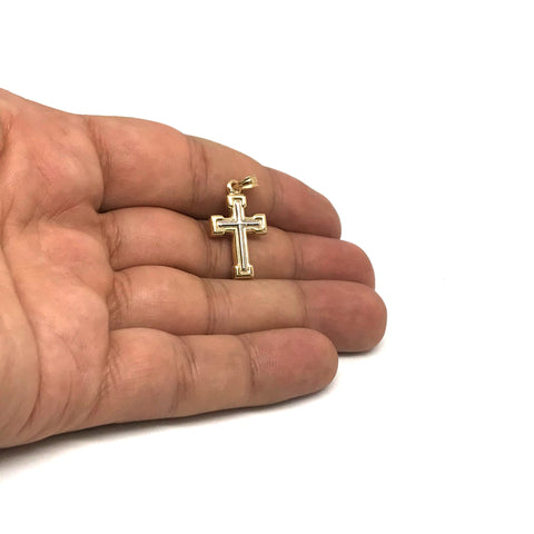 14k 2 Tone Gold Shiny Finish Square Tube Cross Pendant