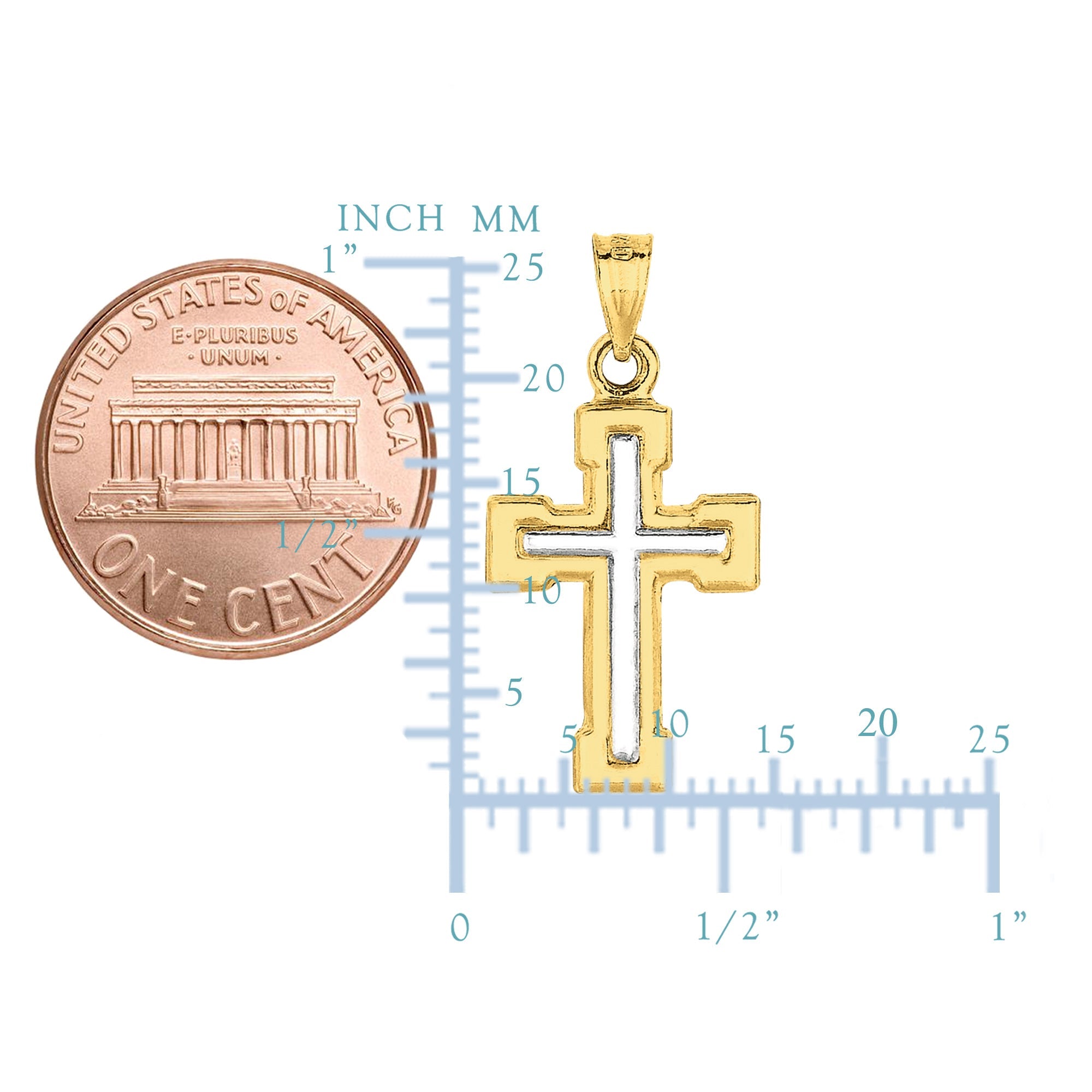 14k 2 Tone Gold Shiny Finish Square Tube Cross Pendant - JewelryAffairs