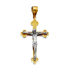 14k 2 Tone Gold Textured Finish Clover Tips Crucifix Pendant - JewelryAffairs