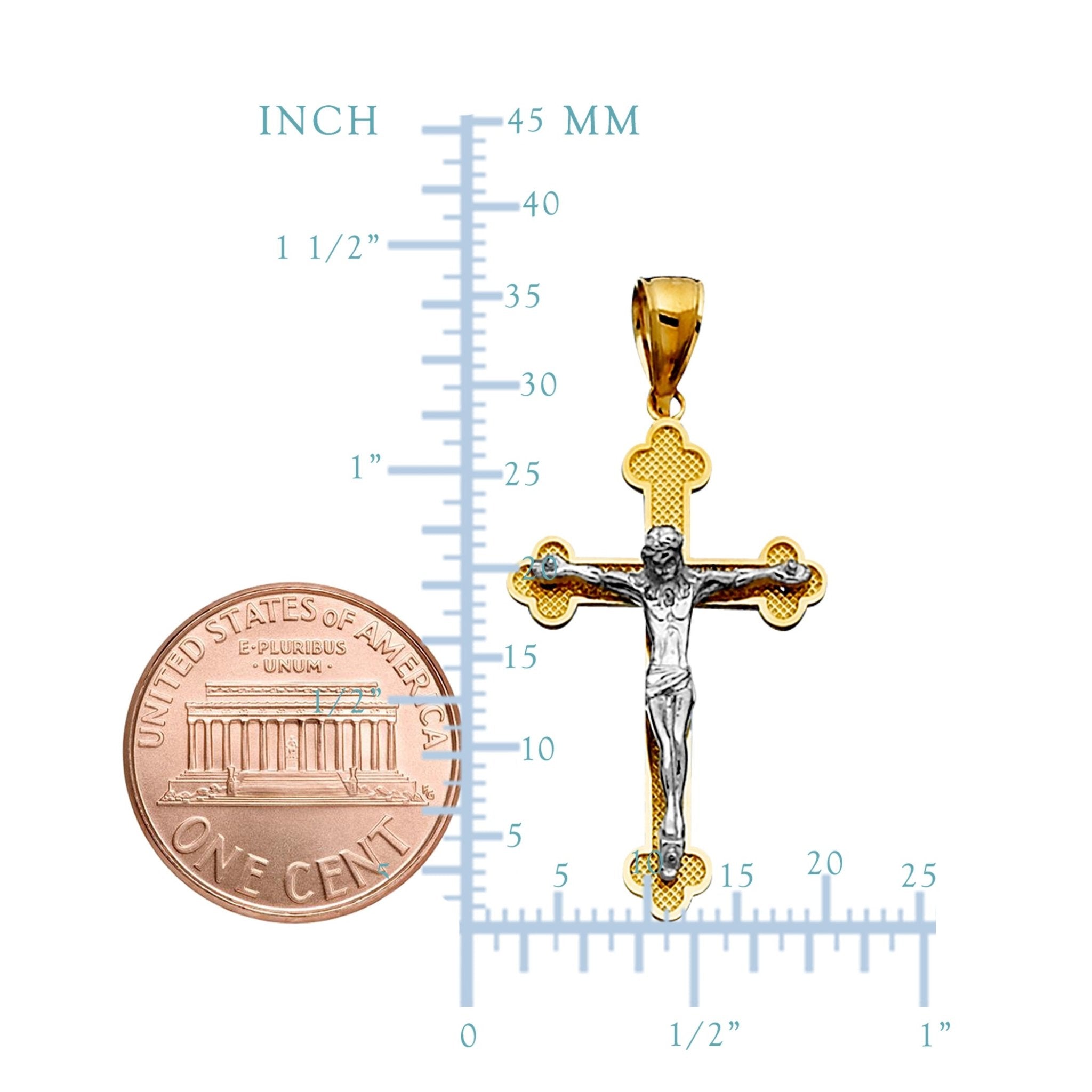14k 2 Tone Gold Textured Finish Clover Tips Crucifix Pendant - JewelryAffairs