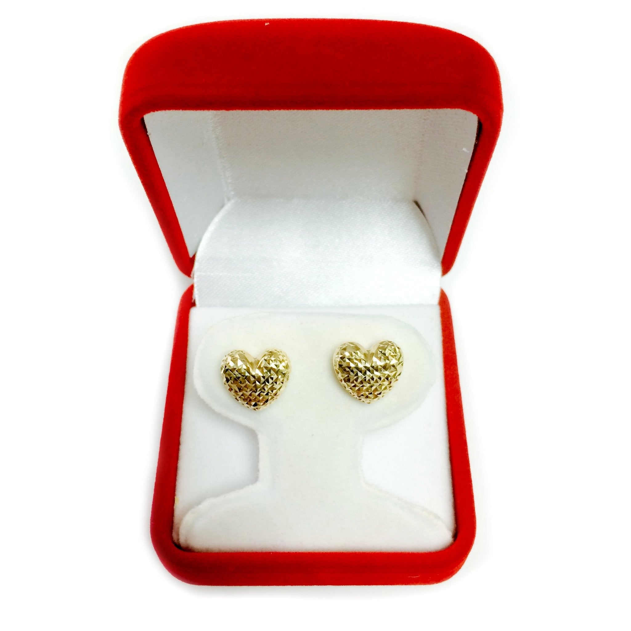 14k Gold Diamond Cut Puffy Heart Stud Earrings, 10 x 11mm - JewelryAffairs