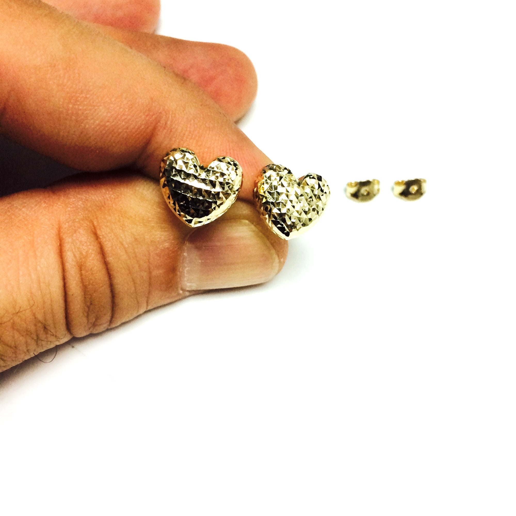 14k Gold Diamond Cut Puffy Heart Stud Earrings, 10 x 11mm - JewelryAffairs