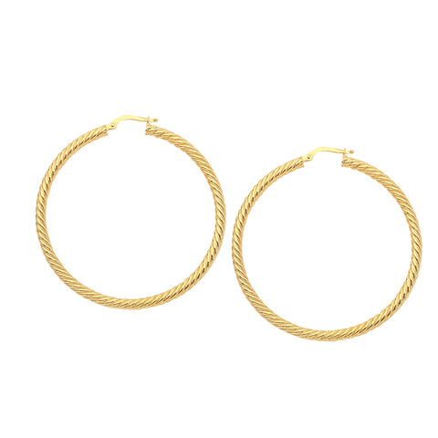 14k Gold Round Twisted Hoop Earrings, Diameter 50 mm
