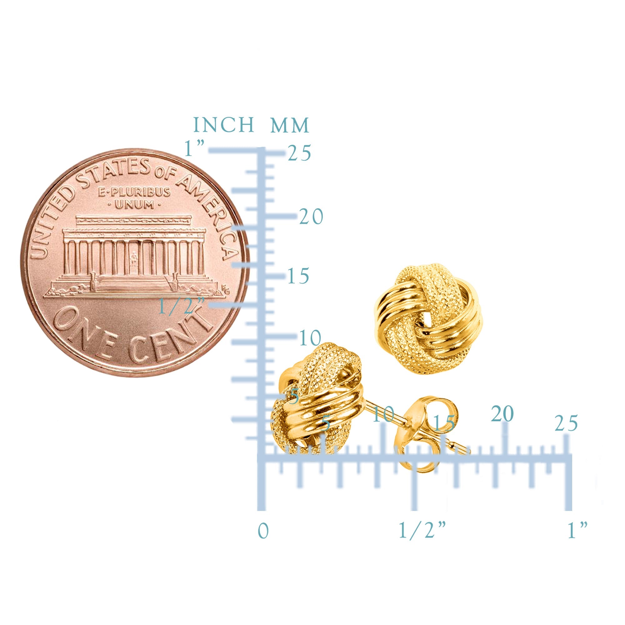14k Gold Shiny And Textured Triple Row Love Knot Stud Earrings, 10mm - JewelryAffairs