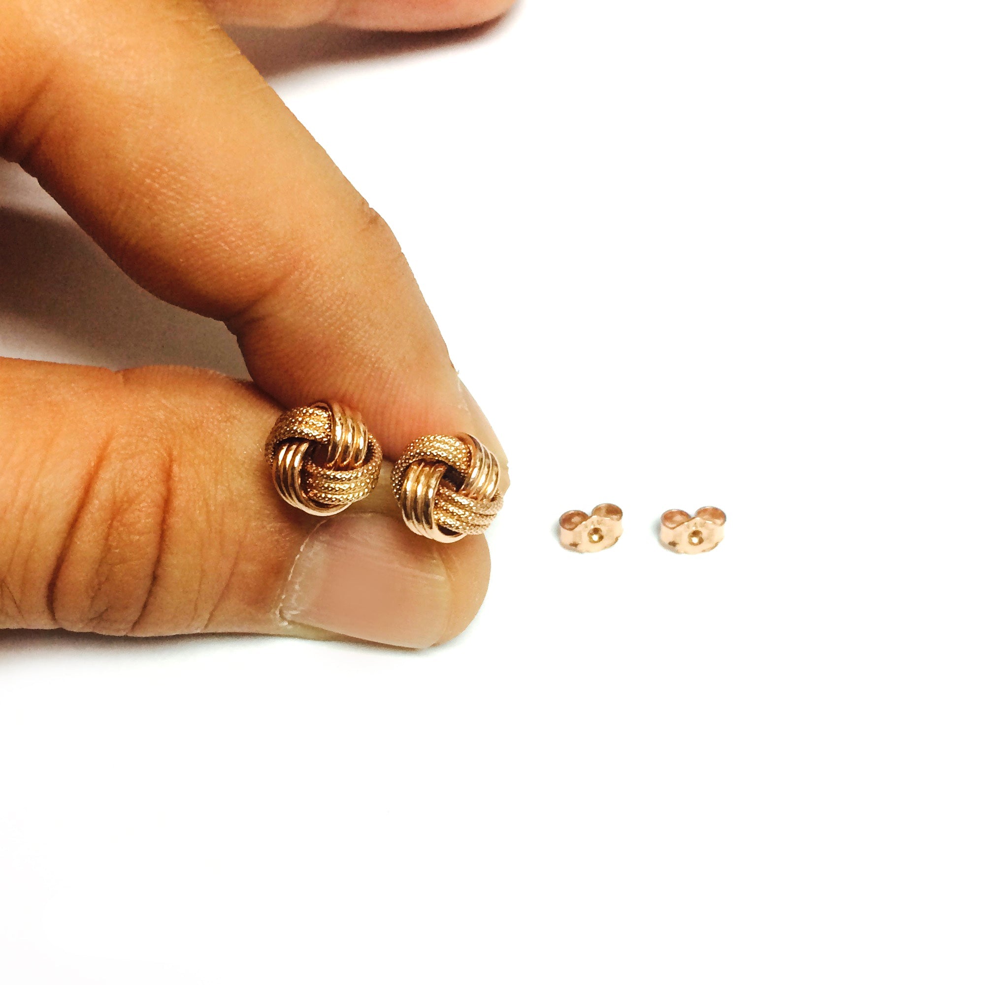 14k Gold Shiny And Textured Triple Row Love Knot Stud Earrings, 10mm - JewelryAffairs