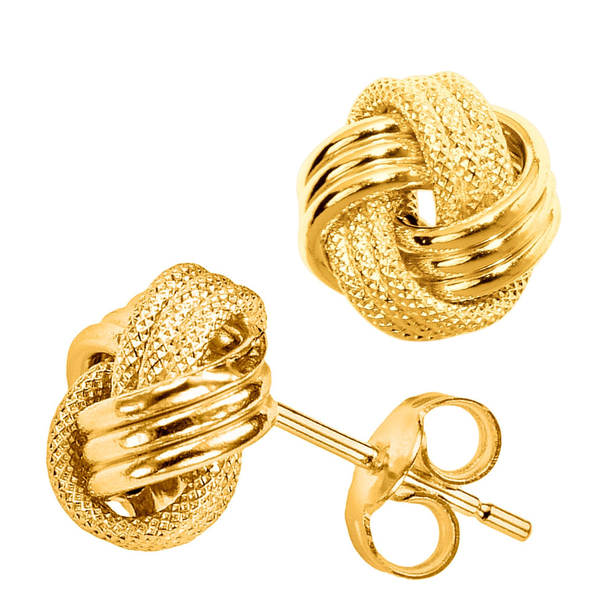14k Gold Shiny And Textured Triple Row Love Knot Stud Earrings, 10mm - JewelryAffairs