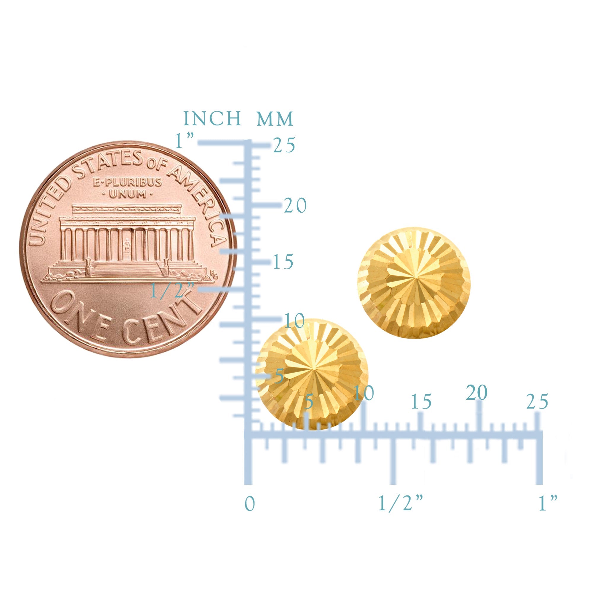14k Gold Shiny Diamond Cut Round Stud Earrings, 10mm - JewelryAffairs