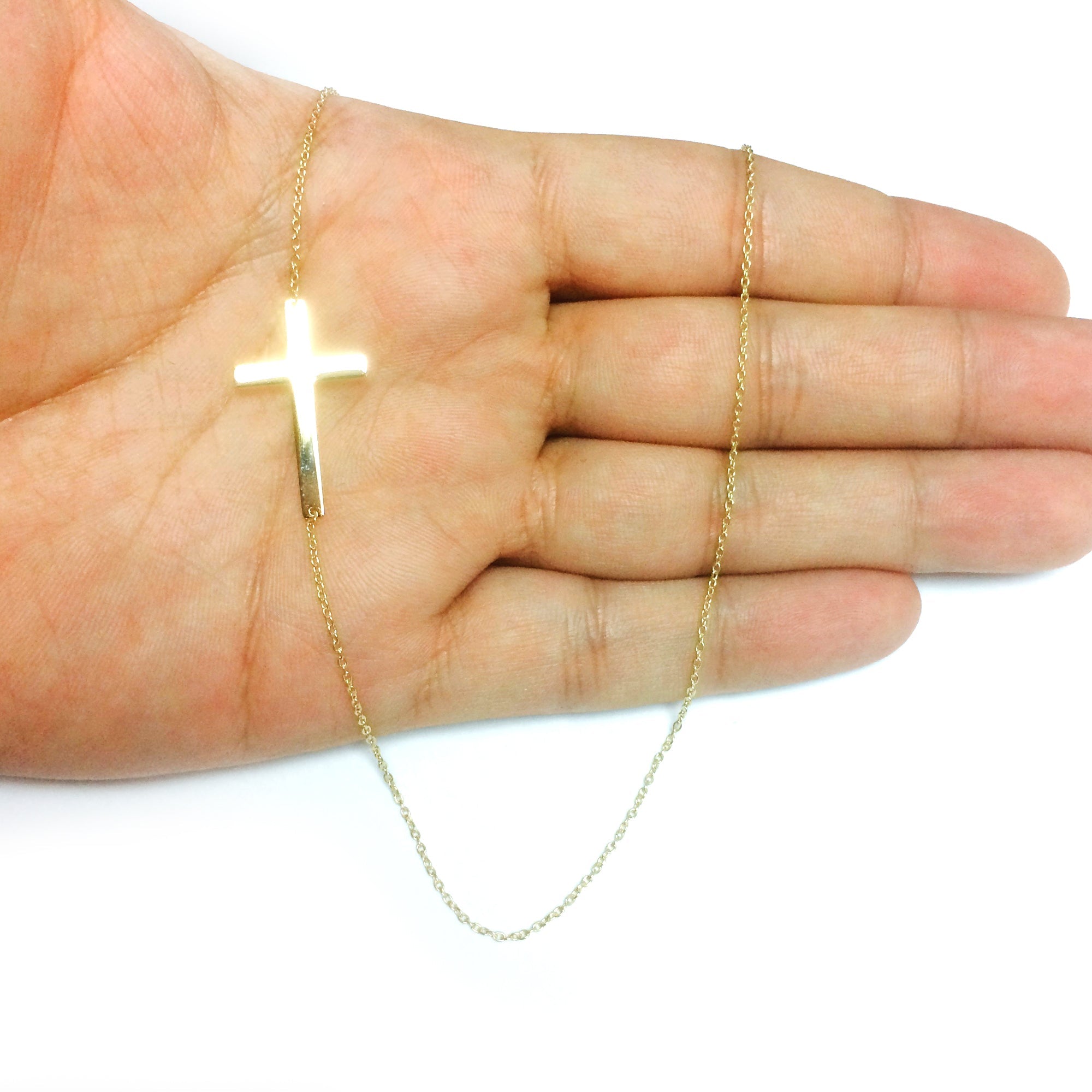 14k Real Solid Gold Sideways Cross Pendant Necklace, 18"