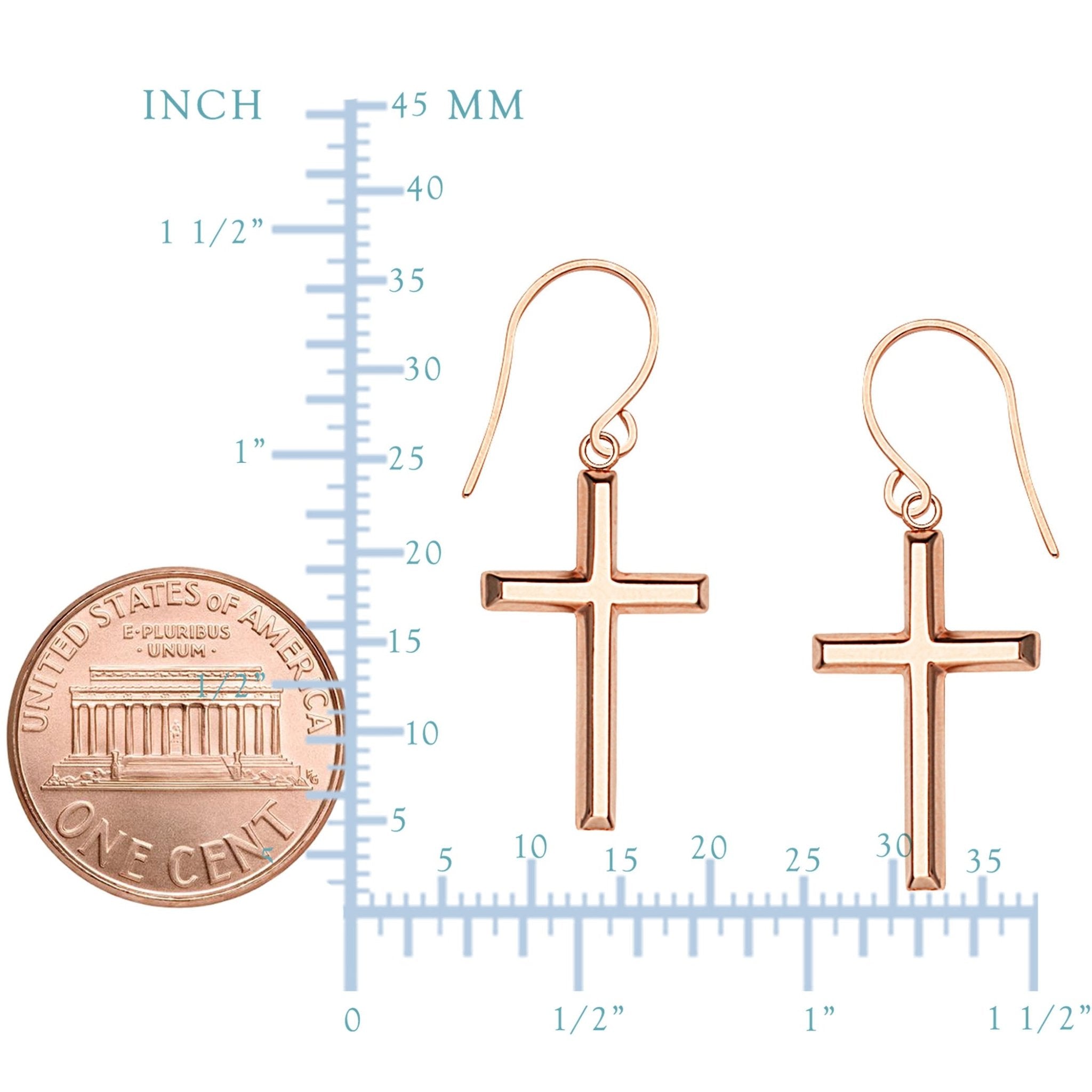 14K Rose Gold Shiny Cross Drop Earrings