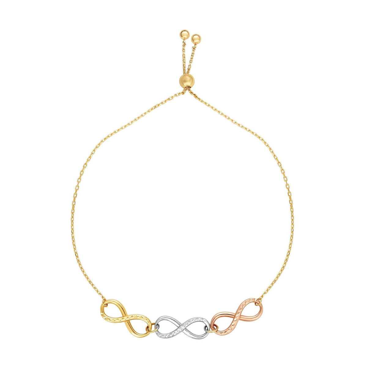 14k Tri Color Gold Infinity Charms Adjustable Bracelet, 9.25"