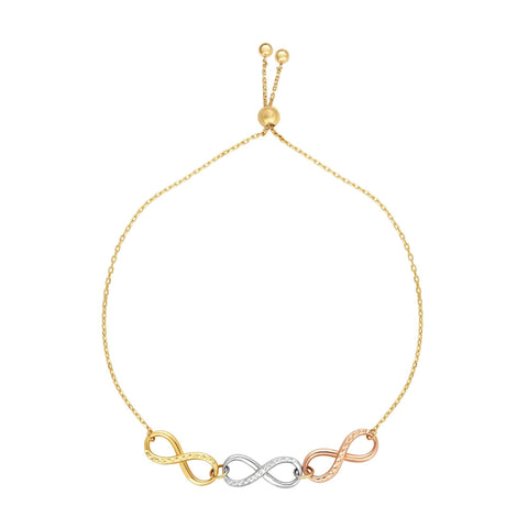 14k Tri Color Gold Infinity Charms Adjustable Bracelet, 9.25"