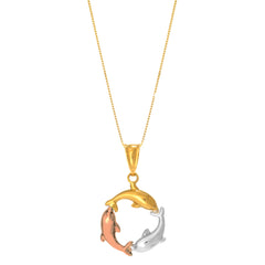 14k Tricolor Rose Gold Three Circling Dolphins Pendant Necklace, 18" - JewelryAffairs