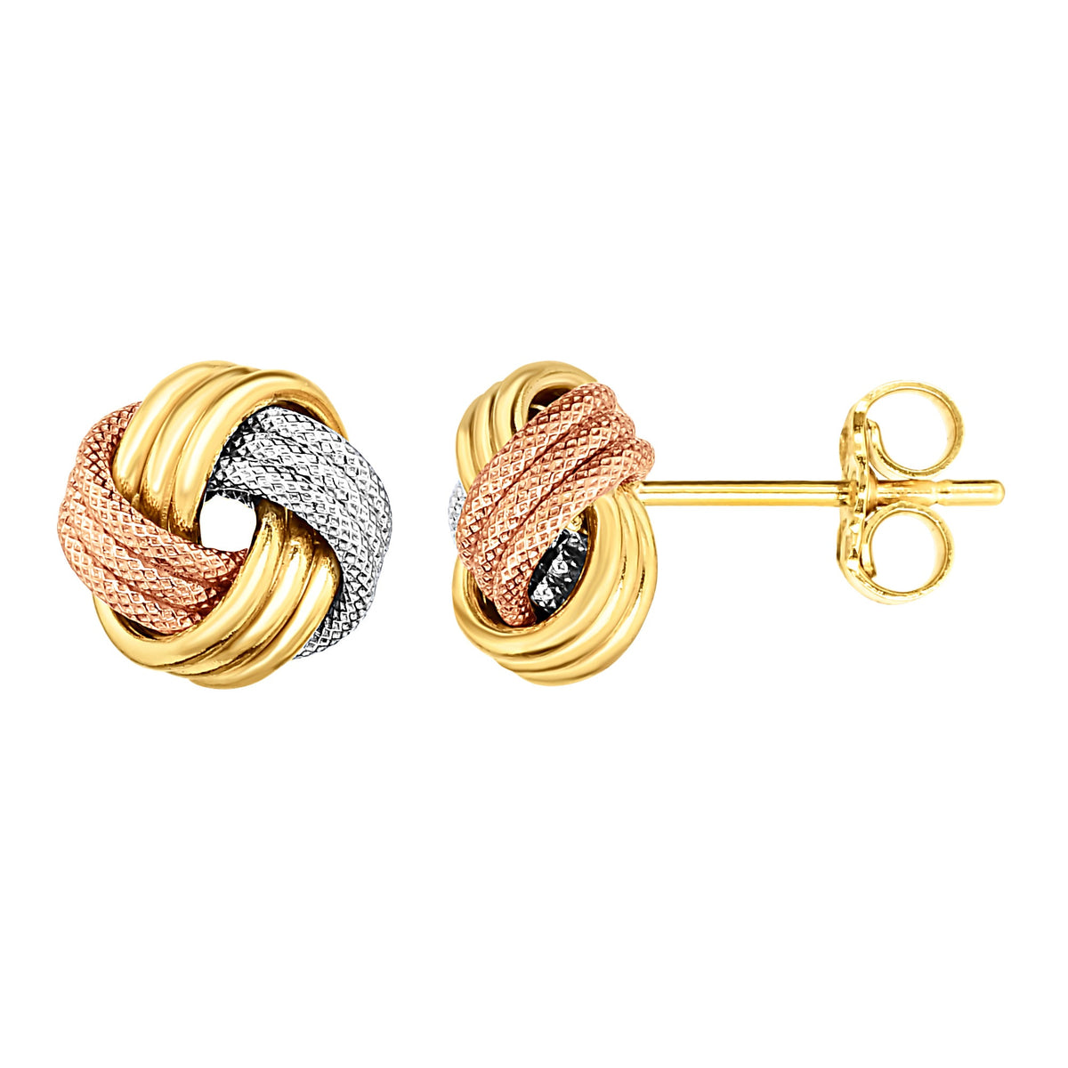 14K Tricolor Shiny And Textured Finish Love Knot Earrings, 9mm - JewelryAffairs