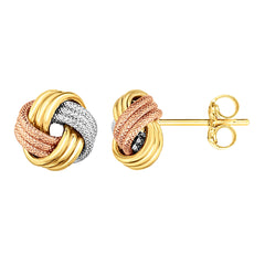 14K Tricolor Shiny And Textured Finish Love Knot Earrings, 9mm - JewelryAffairs