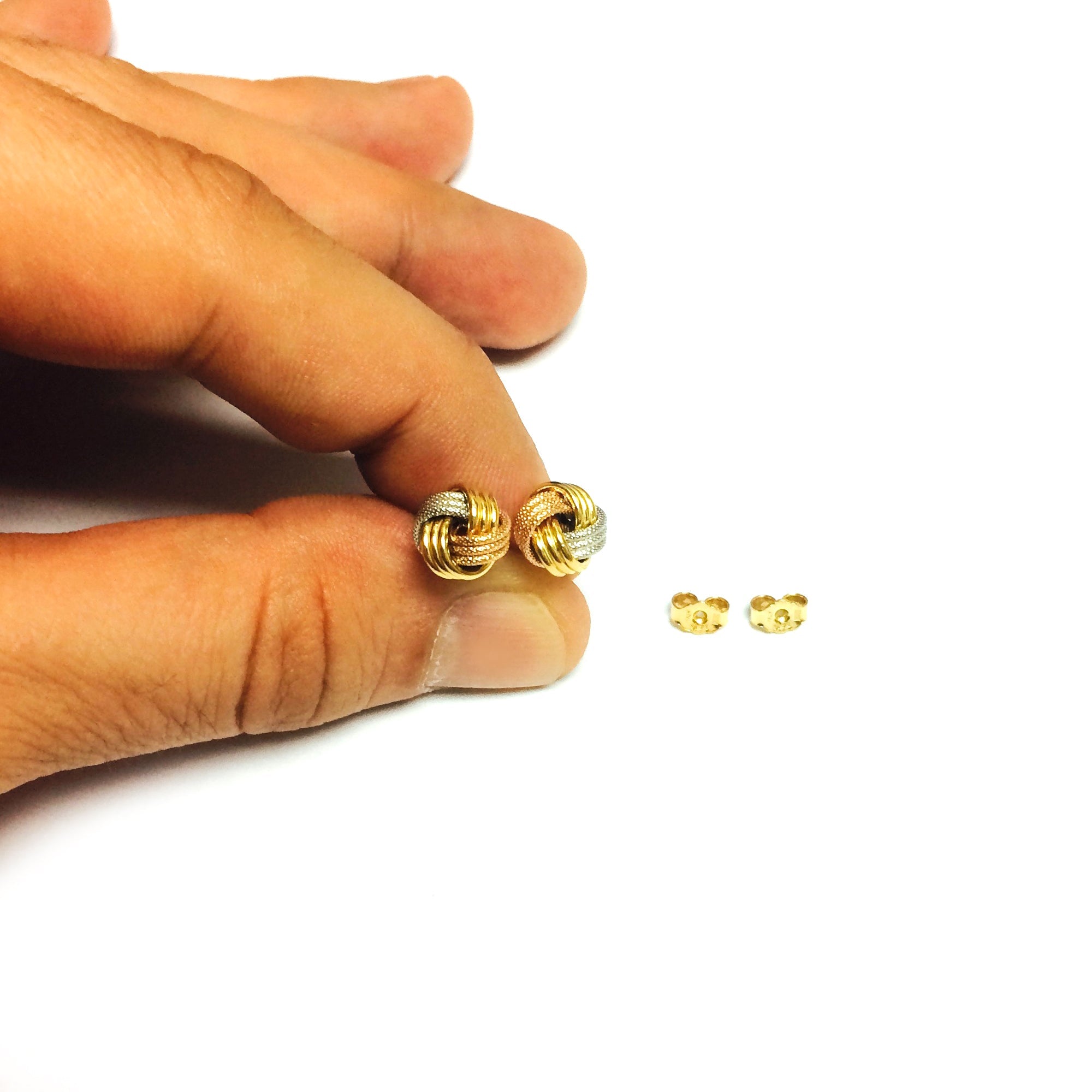 14K Tricolor Shiny And Textured Finish Love Knot Earrings, 9mm - JewelryAffairs