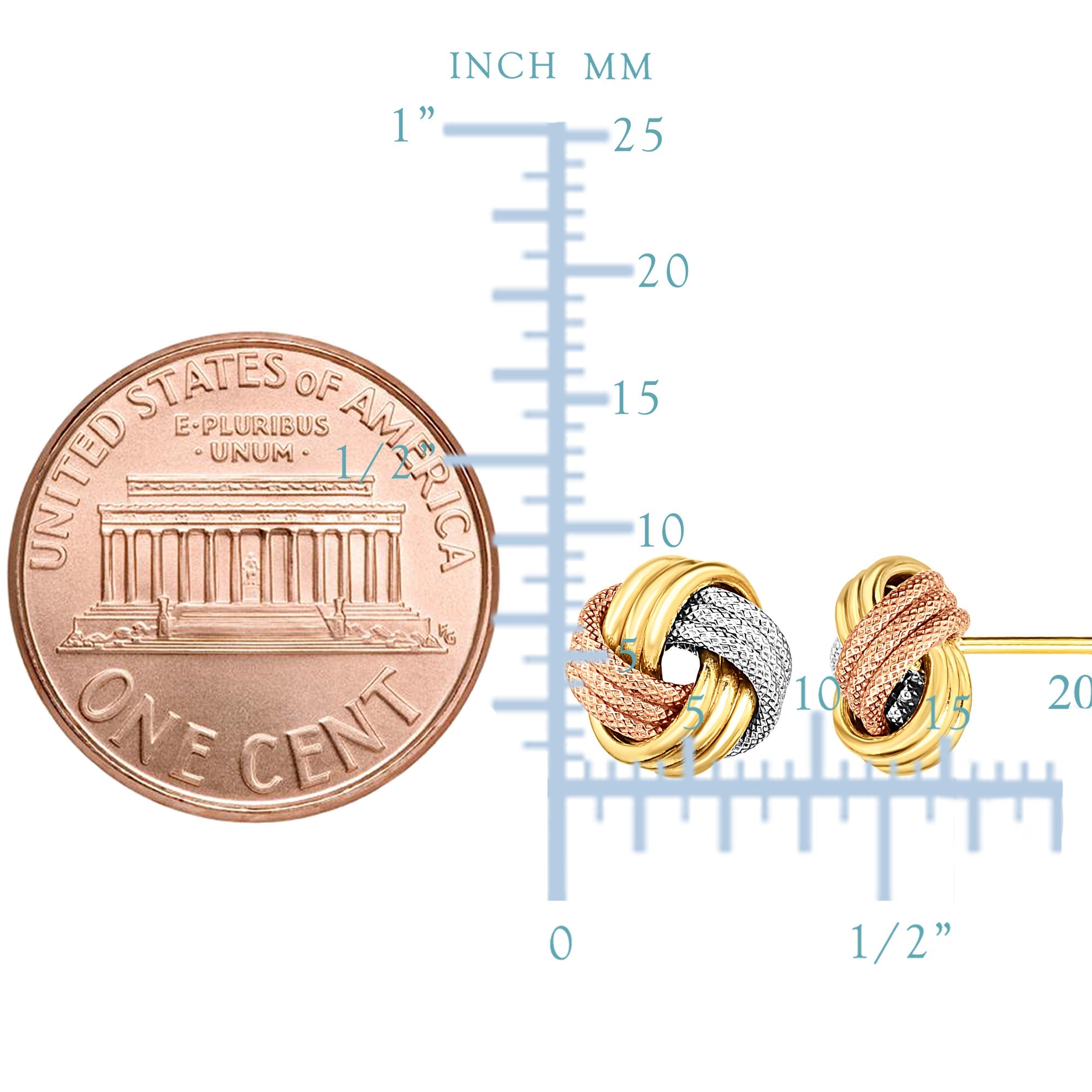 14K Tricolor Shiny And Textured Finish Love Knot Earrings, 9mm - JewelryAffairs