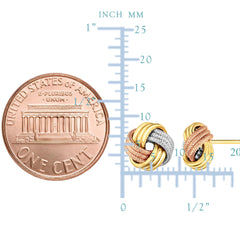 14K Tricolor Shiny And Textured Finish Love Knot Earrings, 9mm - JewelryAffairs