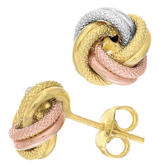 14k Tricolor Textured And Shiny Love Knot Stud Earrings, 10mm - JewelryAffairs