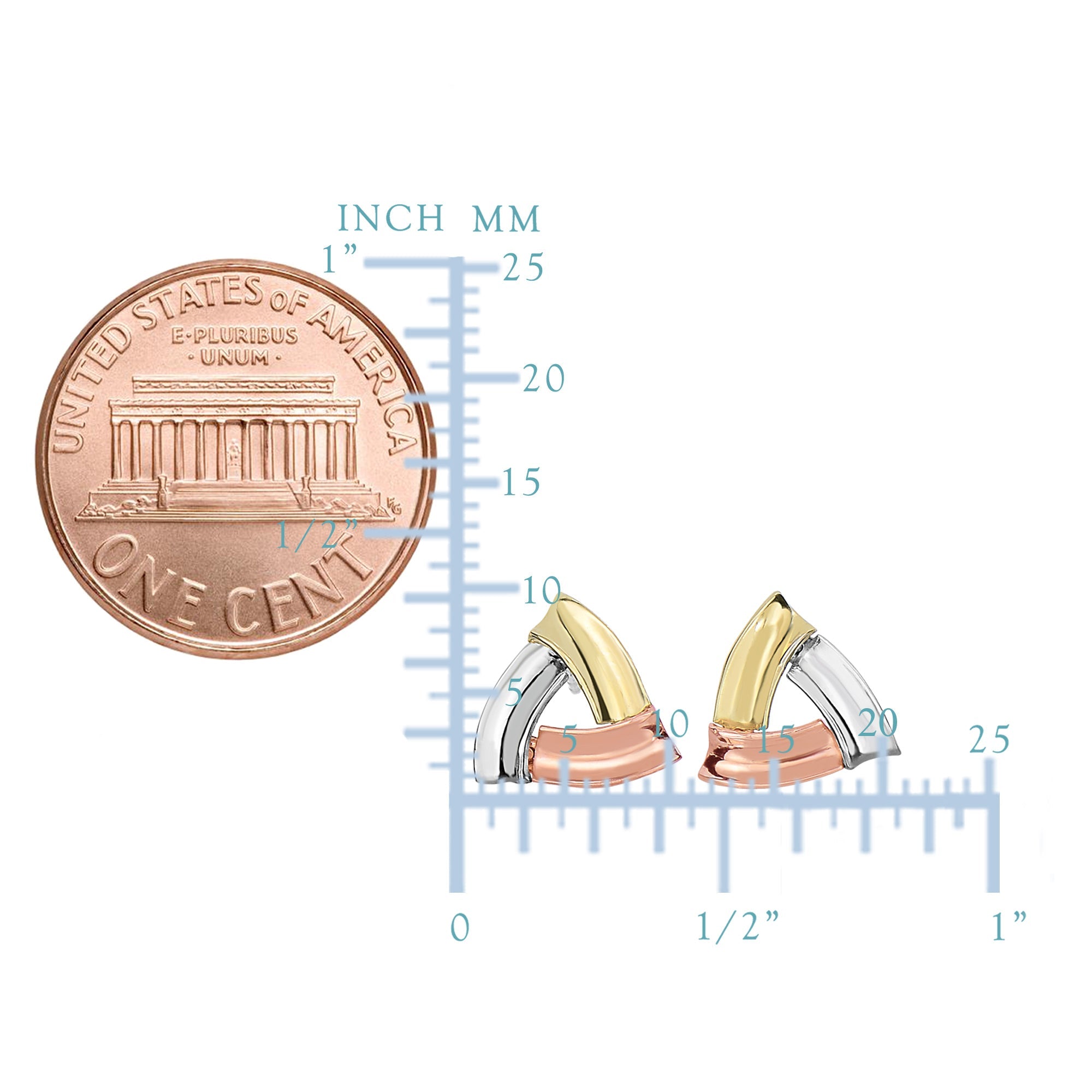 14k Tricolor Yellow Rose And White Gold Open Triangle Shaped Stud Earrings, 10mm - JewelryAffairs
