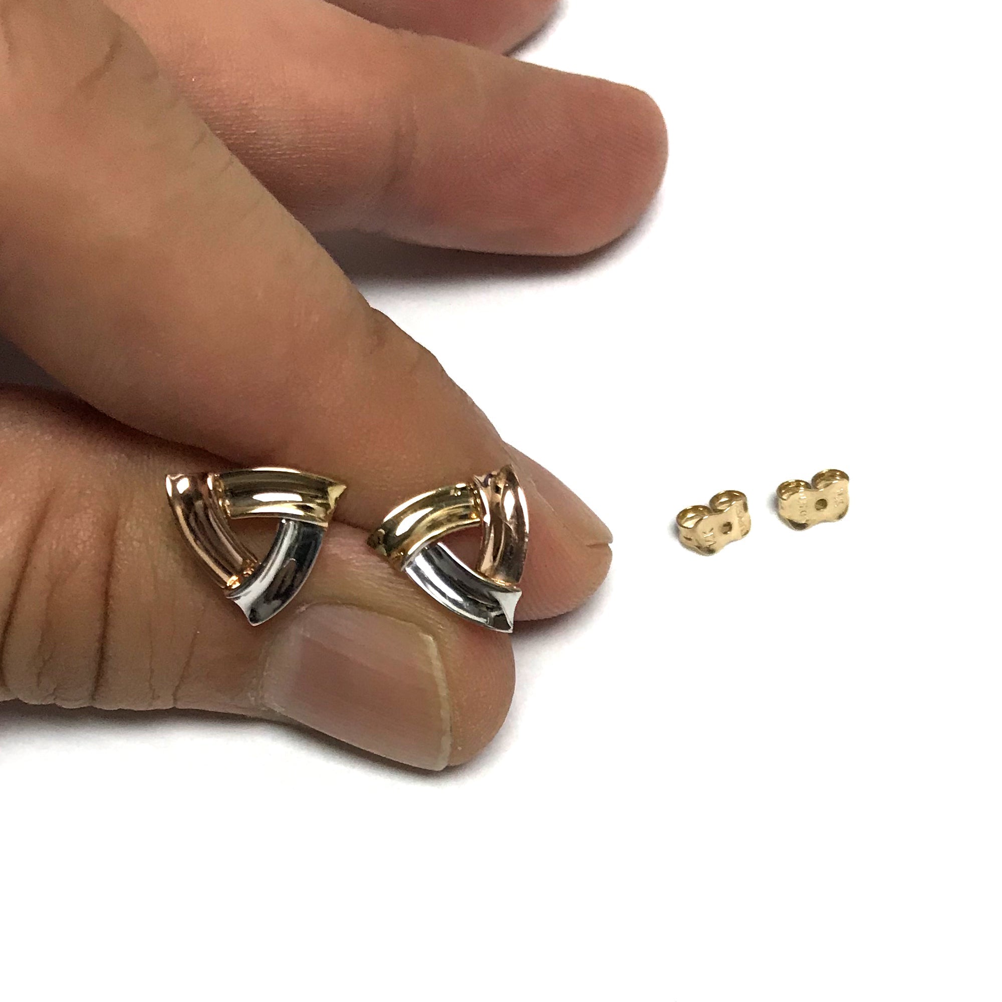 14k Tricolor Yellow Rose And White Gold Open Triangle Shaped Stud Earrings, 10mm - JewelryAffairs