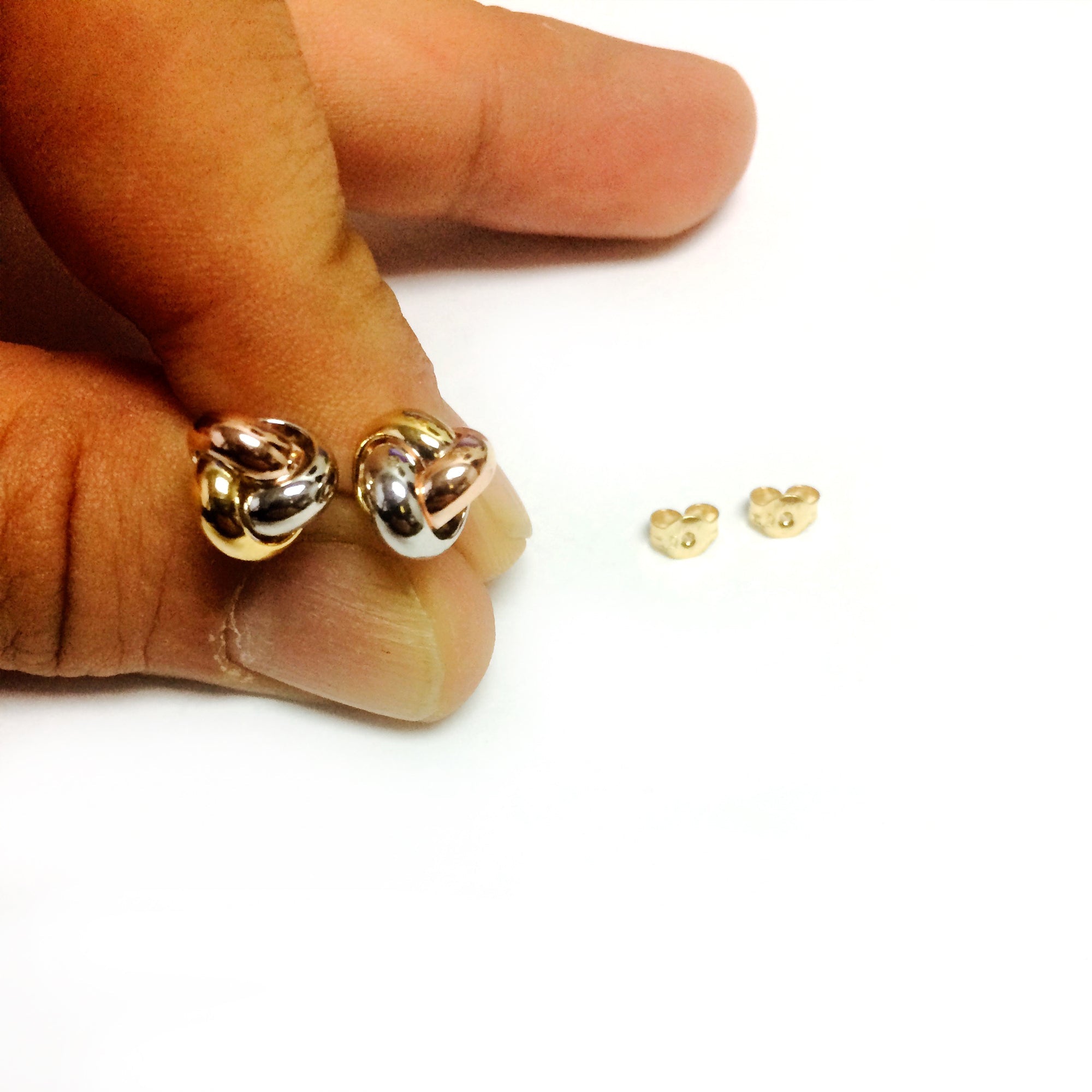 14k Tricolor Yellow White And Rose Gold Shiny Love Knot Stud Earrings, 9mm - JewelryAffairs