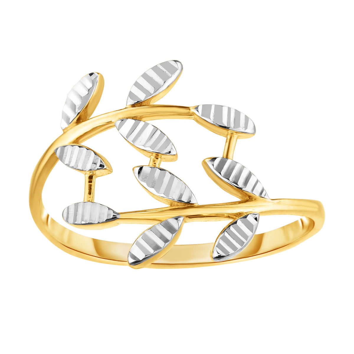14K Two Tone Gold Diamond Cut Olive Leaf Branch Design Ring, Size 7 - JewelryAffairs