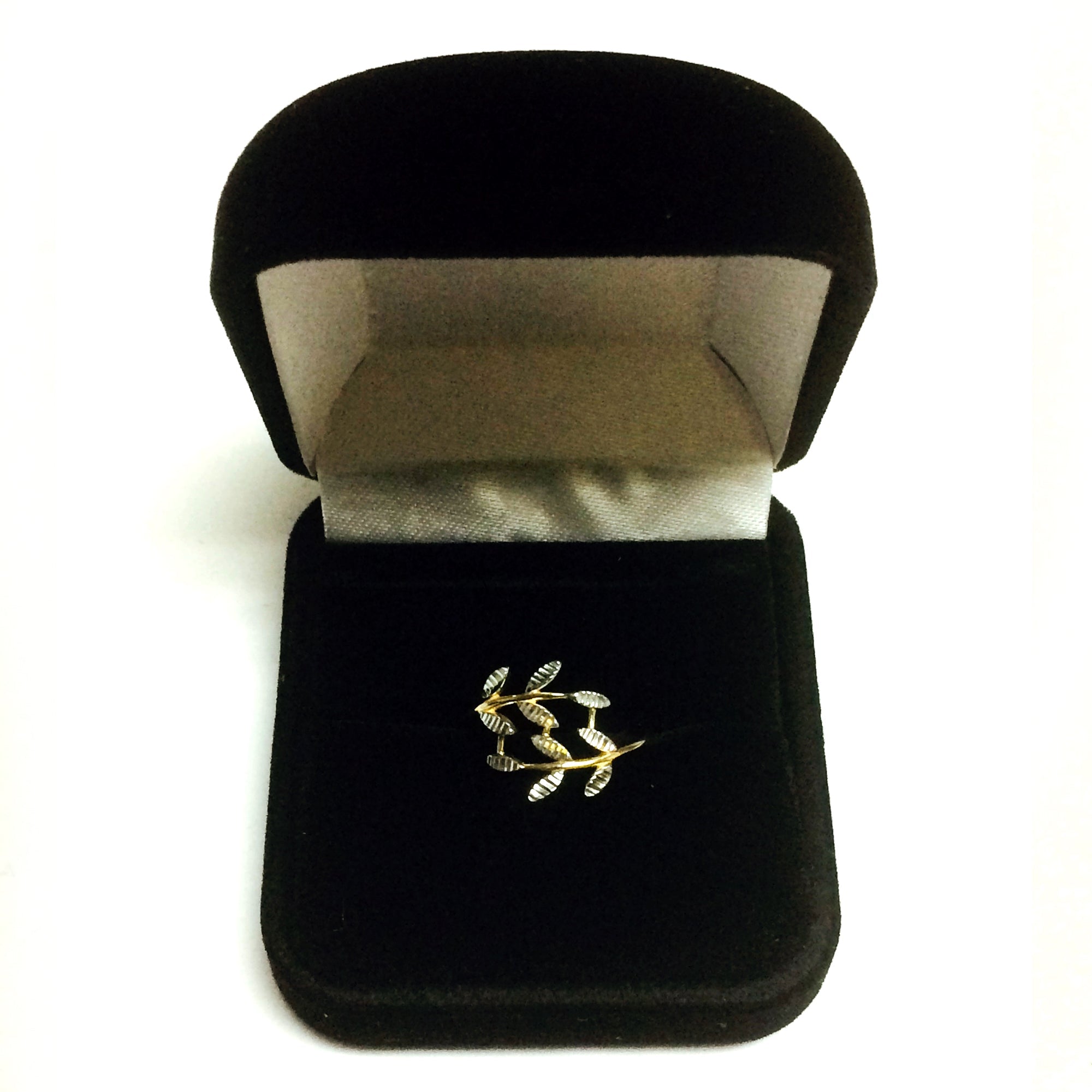 14K Two Tone Gold Diamond Cut Olive Leaf Branch Design Ring, Size 7 - JewelryAffairs