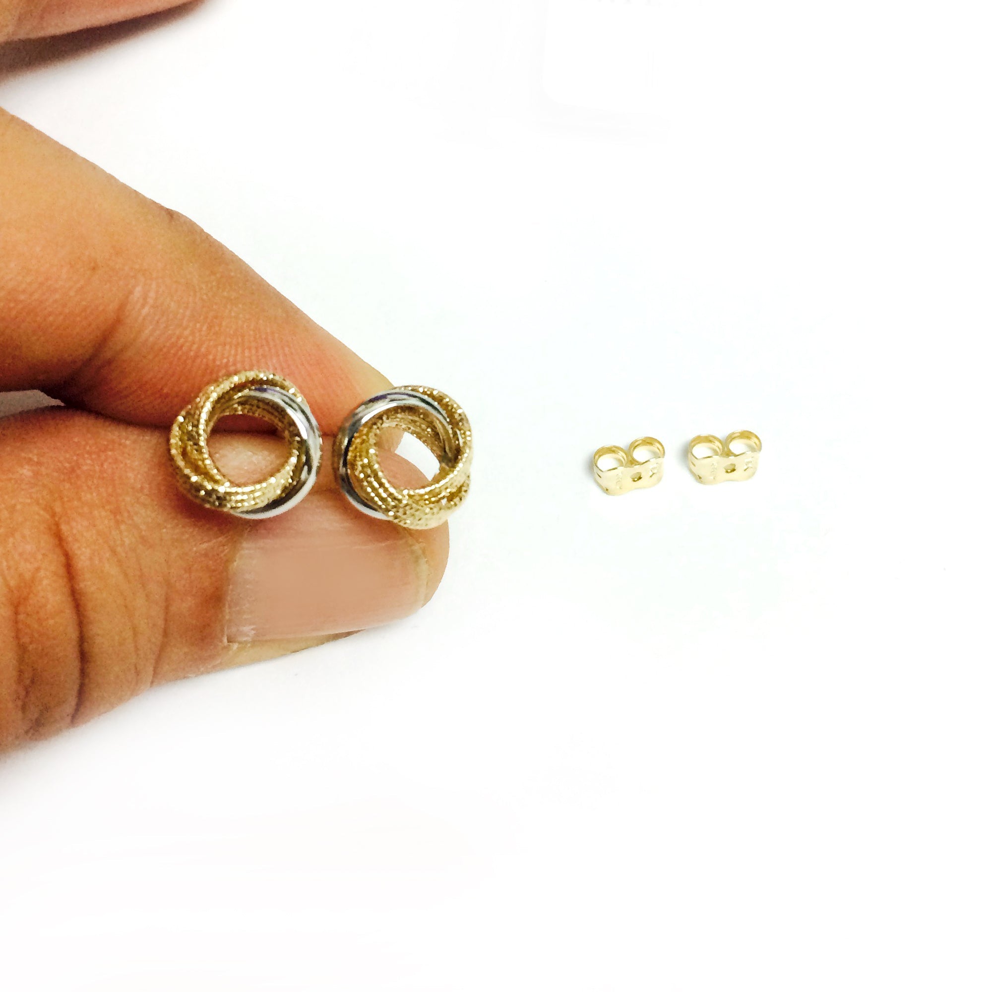 14k Two Tone Gold Shiny And Textured Open Infinity Knot Stud Earrings, 10mm - JewelryAffairs
