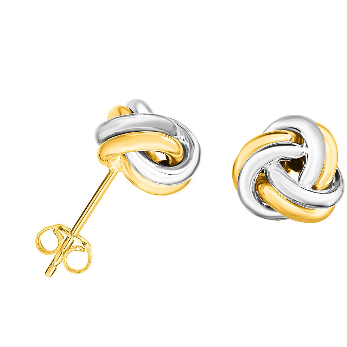 14k Two Tone Gold Shiny Double Row Round Tube Love Knot Stud Earrings, 8mm - JewelryAffairs
