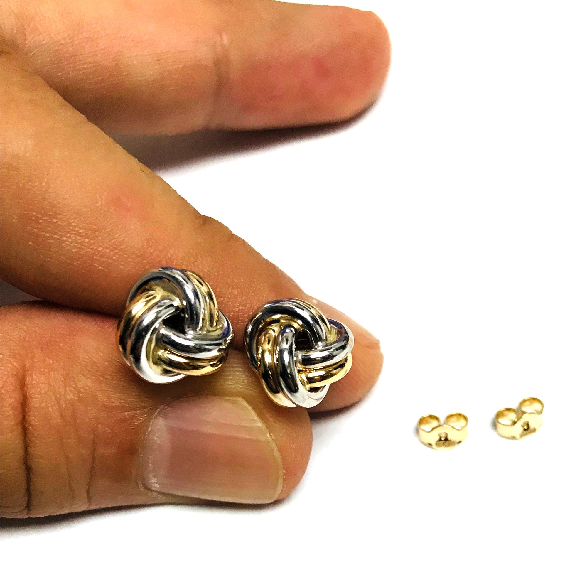 14k Two Tone Gold Shiny Double Row Round Tube Love Knot Stud Earrings, 8mm - JewelryAffairs