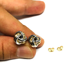 14k Two Tone Gold Shiny Double Row Round Tube Love Knot Stud Earrings, 8mm - JewelryAffairs