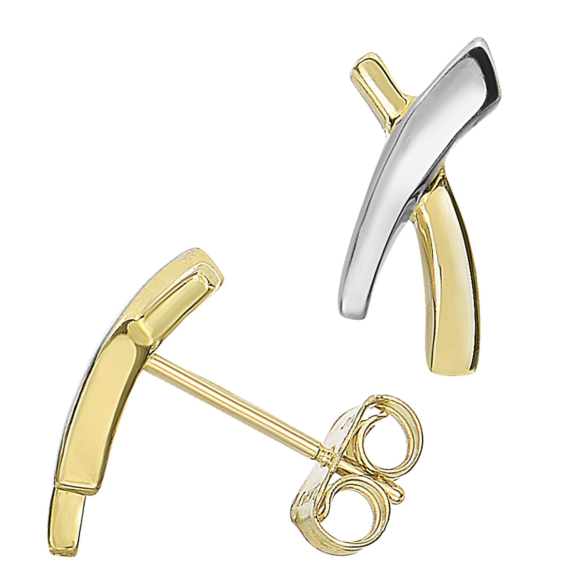 14k Two Tone Gold Shiny X Style Stud Earrings, 12 X 6mm - JewelryAffairs