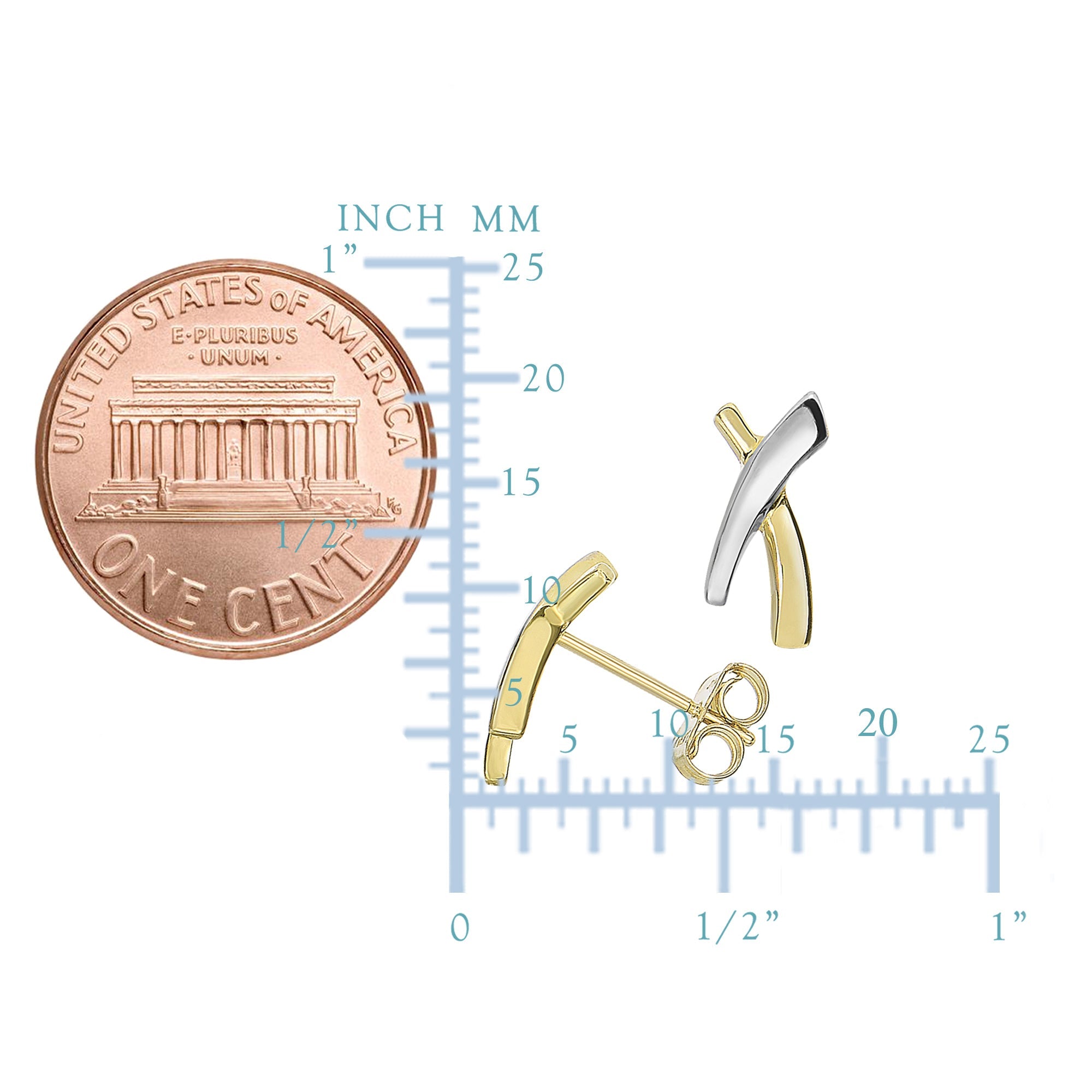 14k Two Tone Gold Shiny X Style Stud Earrings, 12 X 6mm - JewelryAffairs