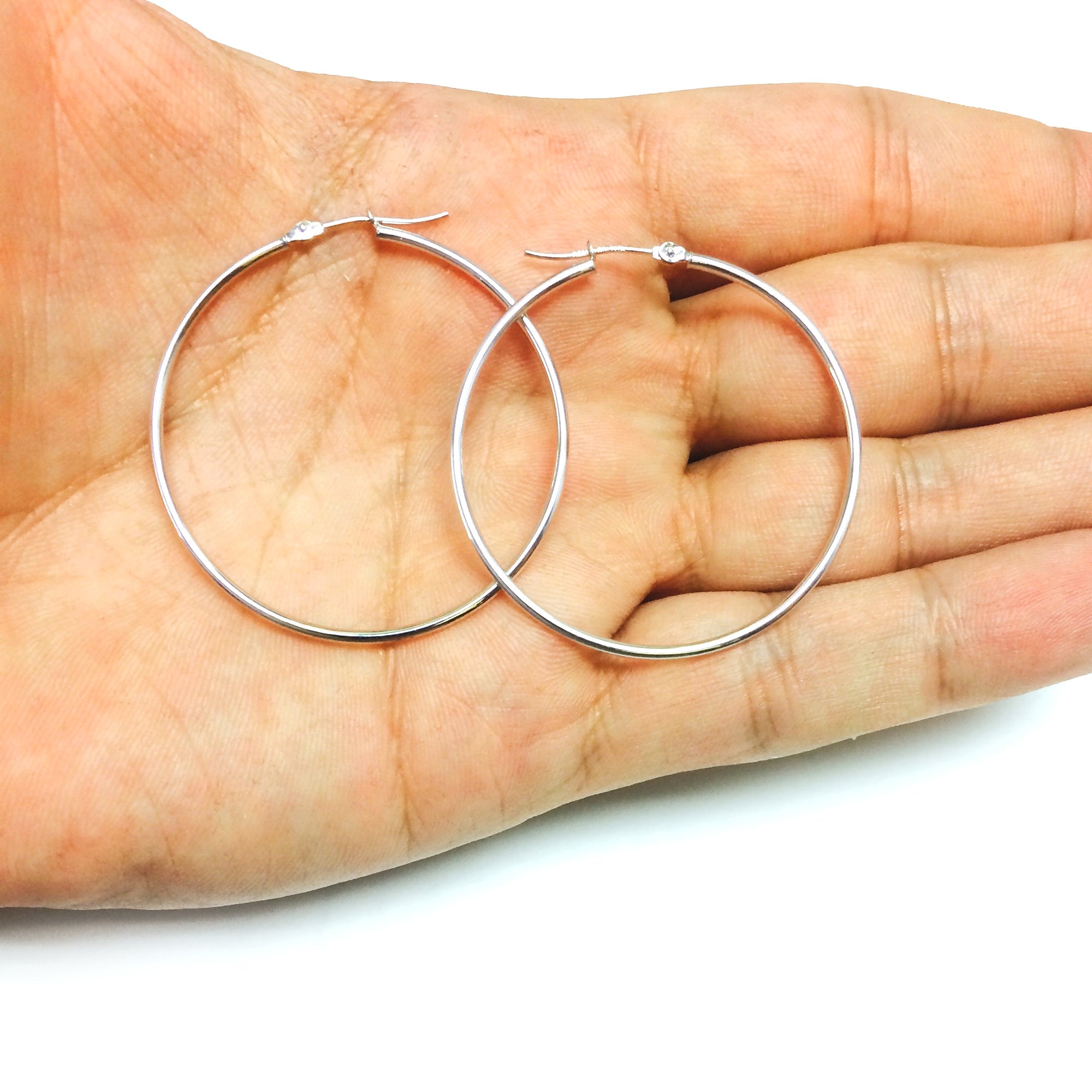 14k White Gold 1.5mm Shiny Round Tube Hoop Earrings